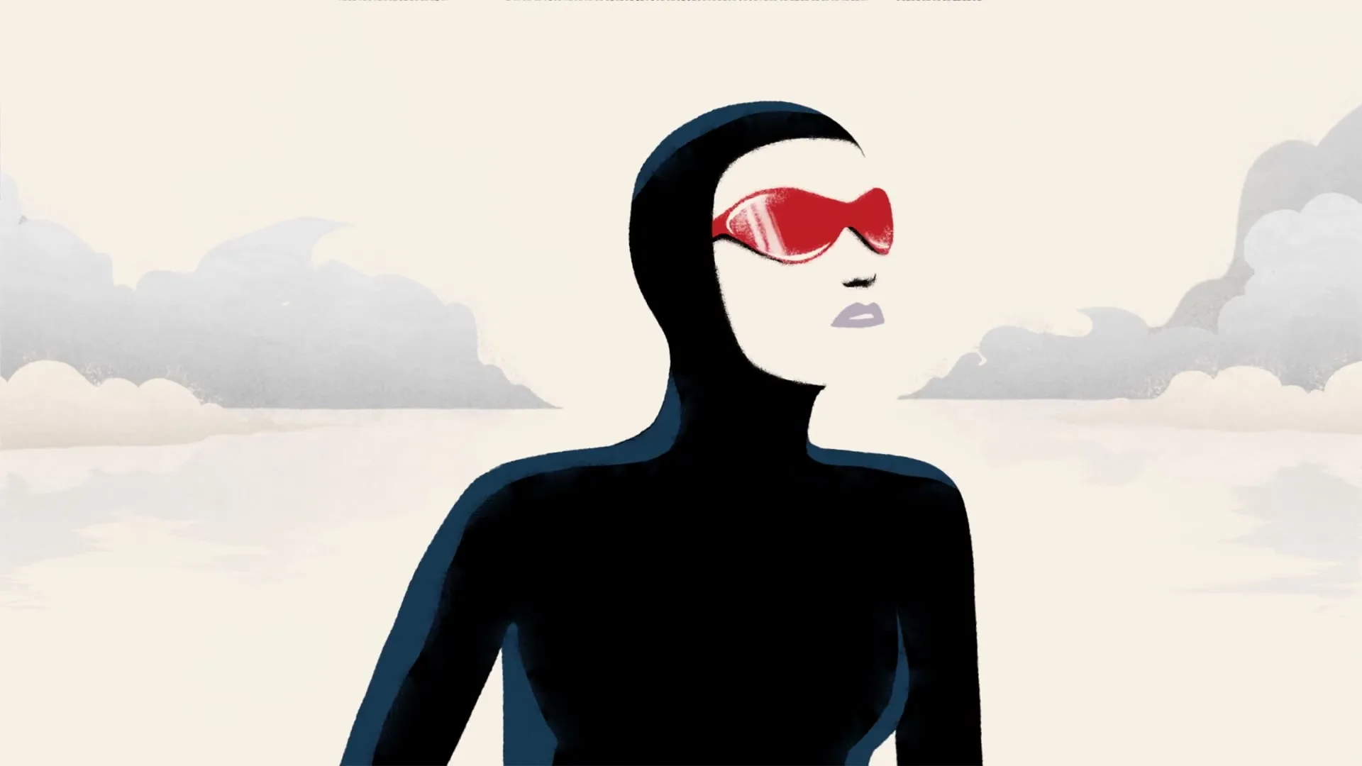 An animated female athlete in a black suit and red goggles stands against a cloudy sky, looking determined as the camera zooms into her face.