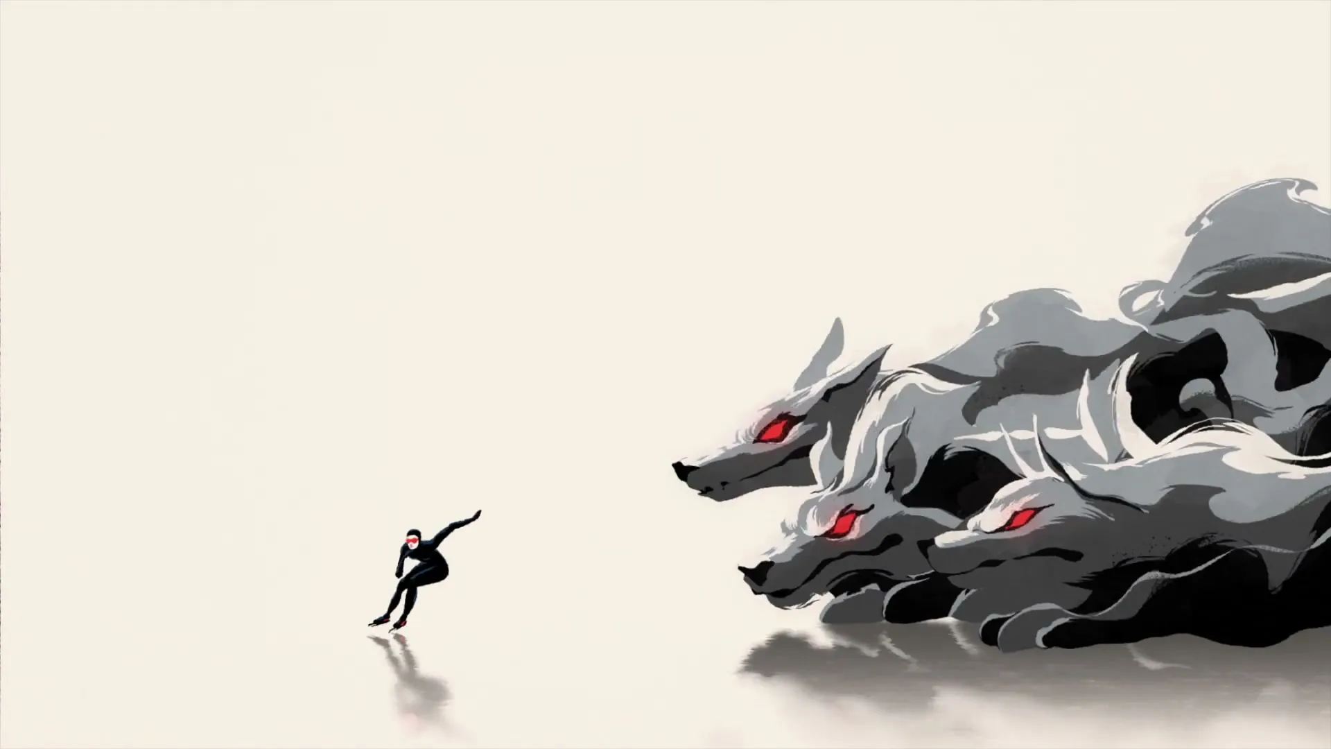 An animated female speed skater in a black suit and red goggles skates past three large, shadowy wolf-like creatures with glowing red eyes.