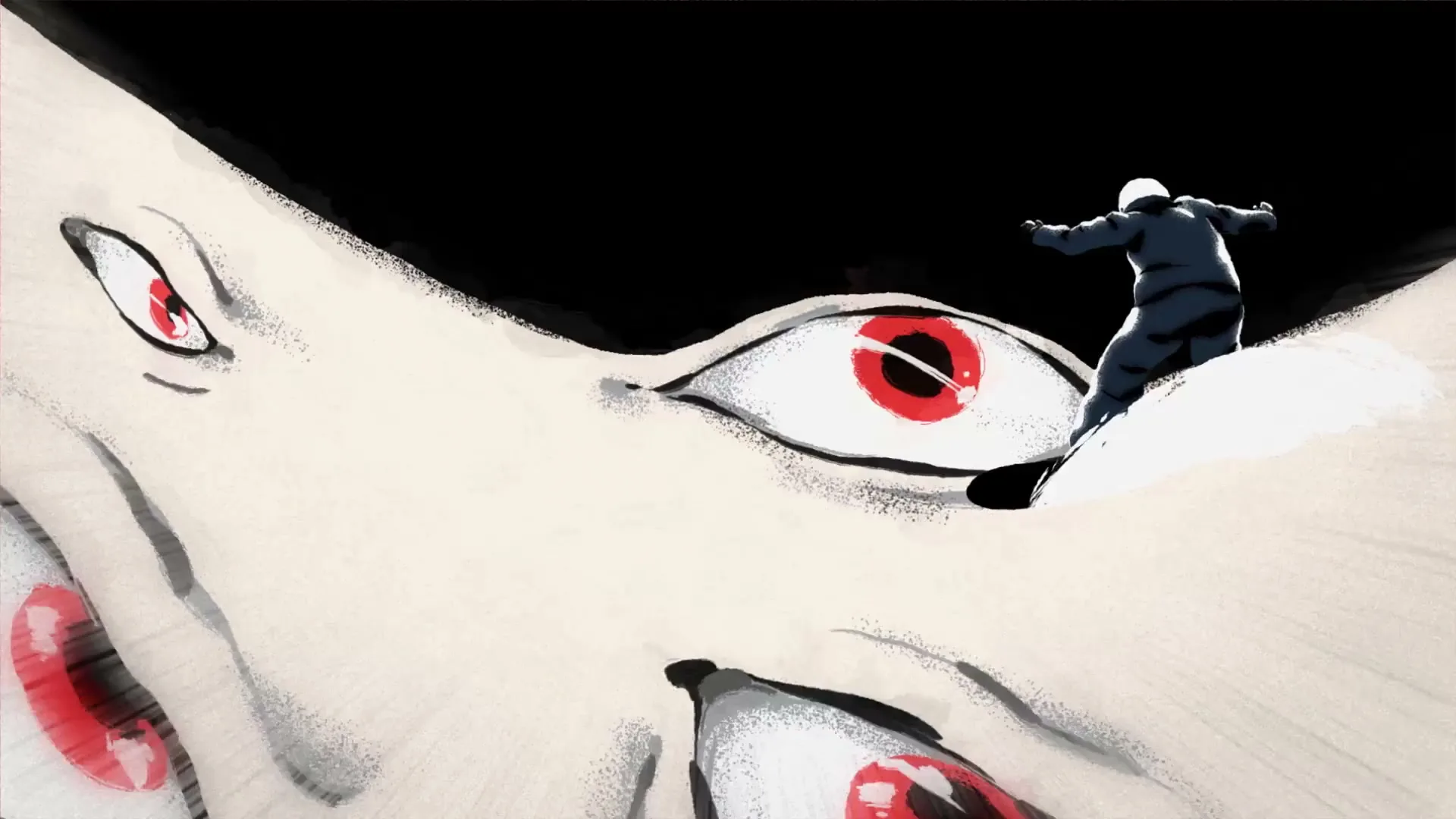 A snowboarder slides down a giant, stylized eye, surrounded by other eyes, in a dark, animated world.