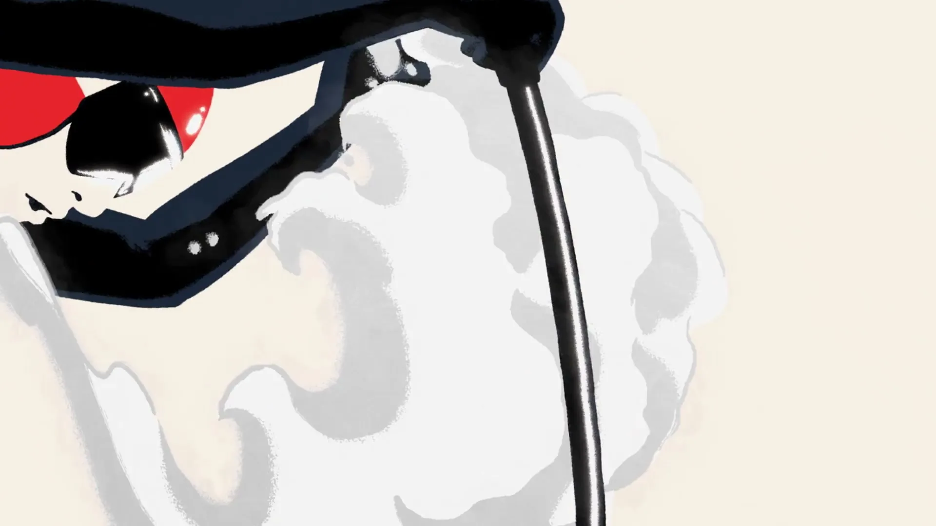 An animated female skier in a black suit and red helmet crouches at a starting line, then skis away from a large, dark, cloud-like monster.