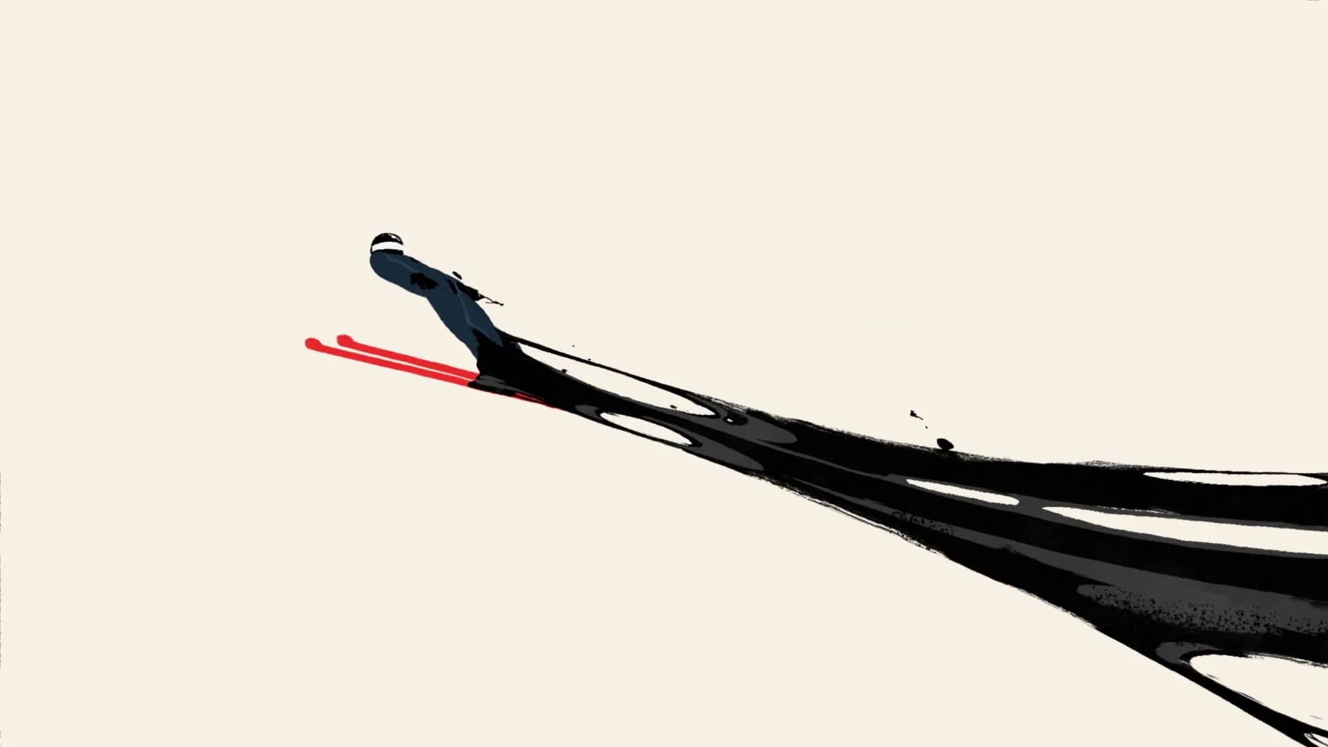 An animated skier, represented by a black, fluid shape with red skis, glides across a white background, leaving a trail of black liquid.