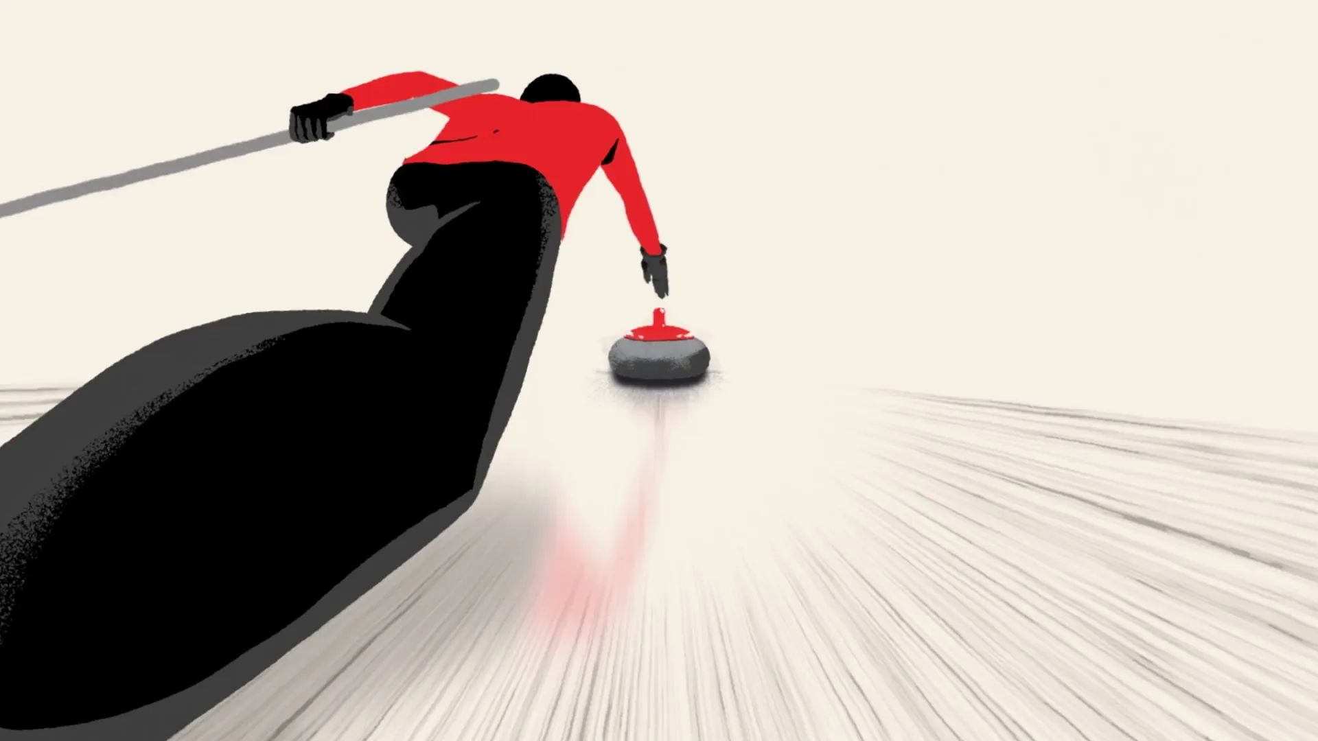 An animated curler in red and black pushes a curling stone across an ice rink, with motion blur indicating speed.