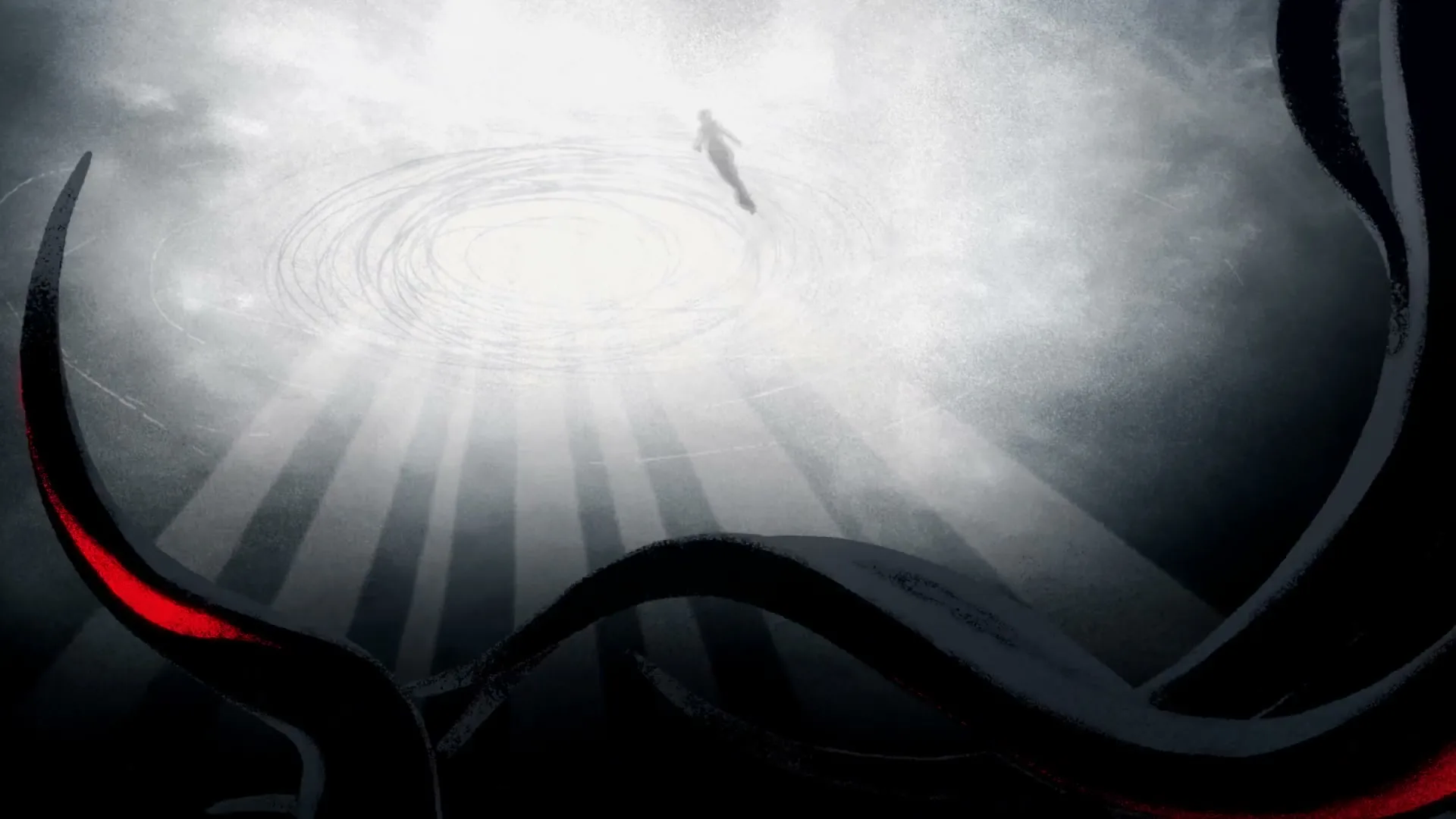 An animated figure skates on a bright ice rink, surrounded by dark, swirling shapes with red accents, suggesting a dramatic and intense atmosphere.