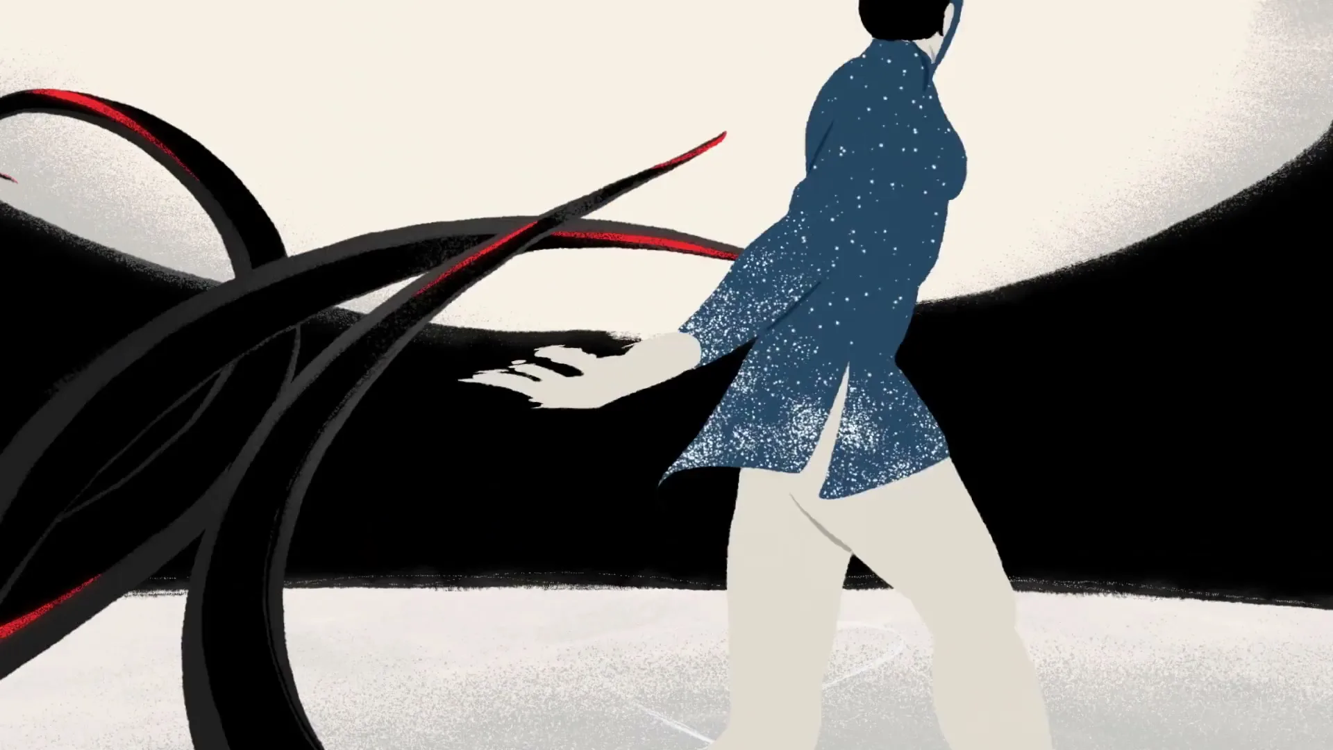 An animated female ice skater in a blue dress with white speckles skates on ice, as black, tentacle-like shapes emerge from the ice and wrap around her.