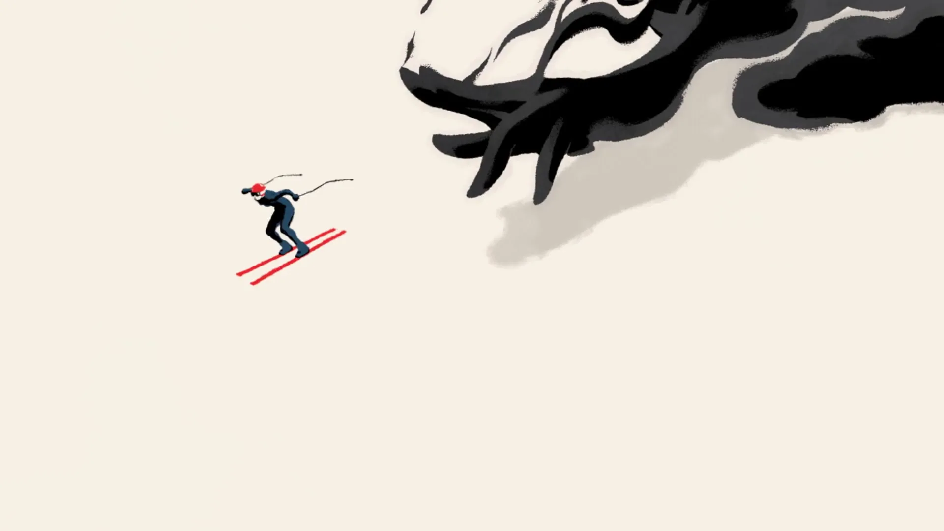 An animated skier in a blue suit and red helmet skis down a white slope, with a large black abstract shape looming above.