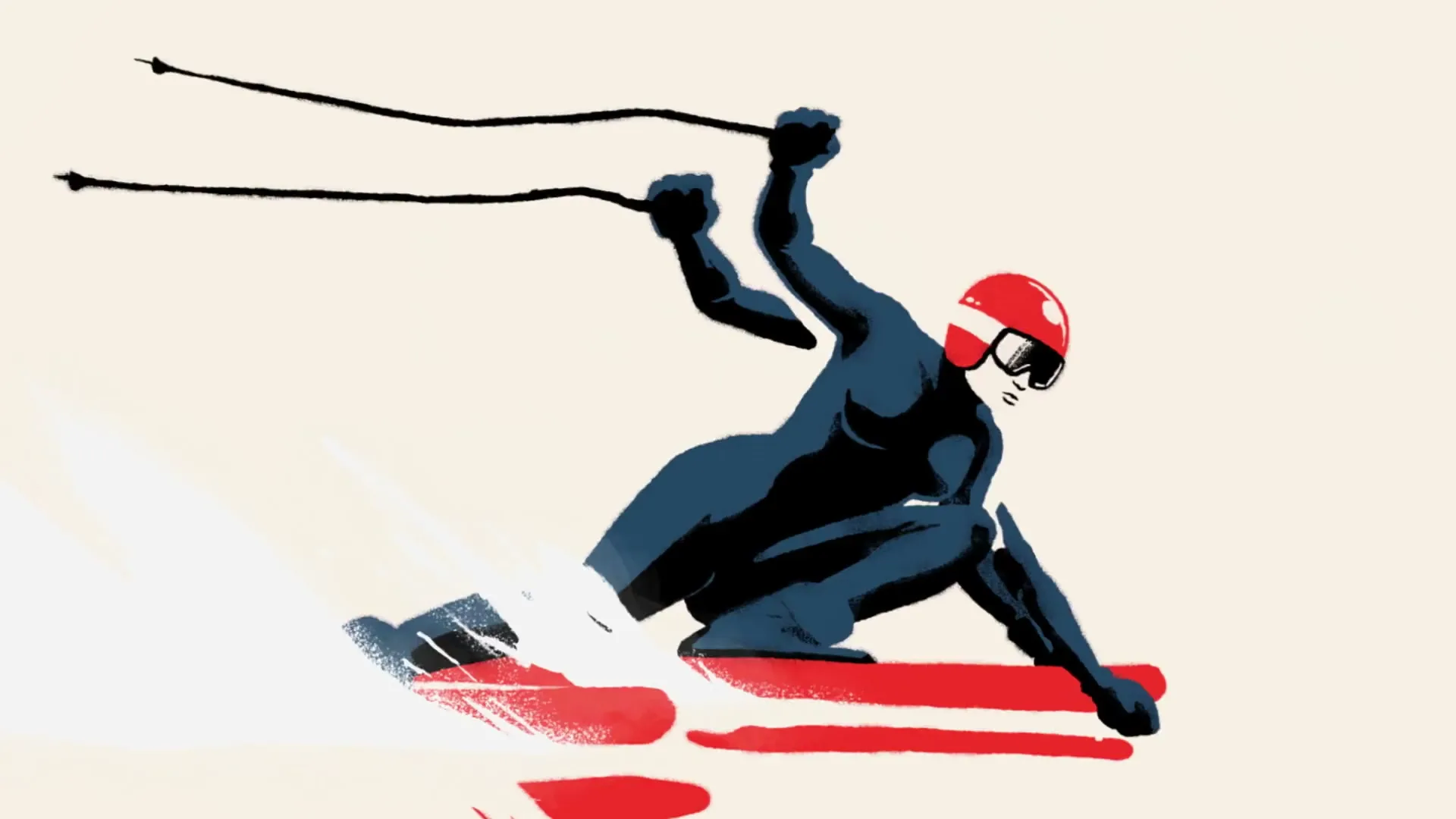 An animated female skier in a blue suit and red helmet skis down a slope, kicking up snow, in a stylized, minimalist setting.