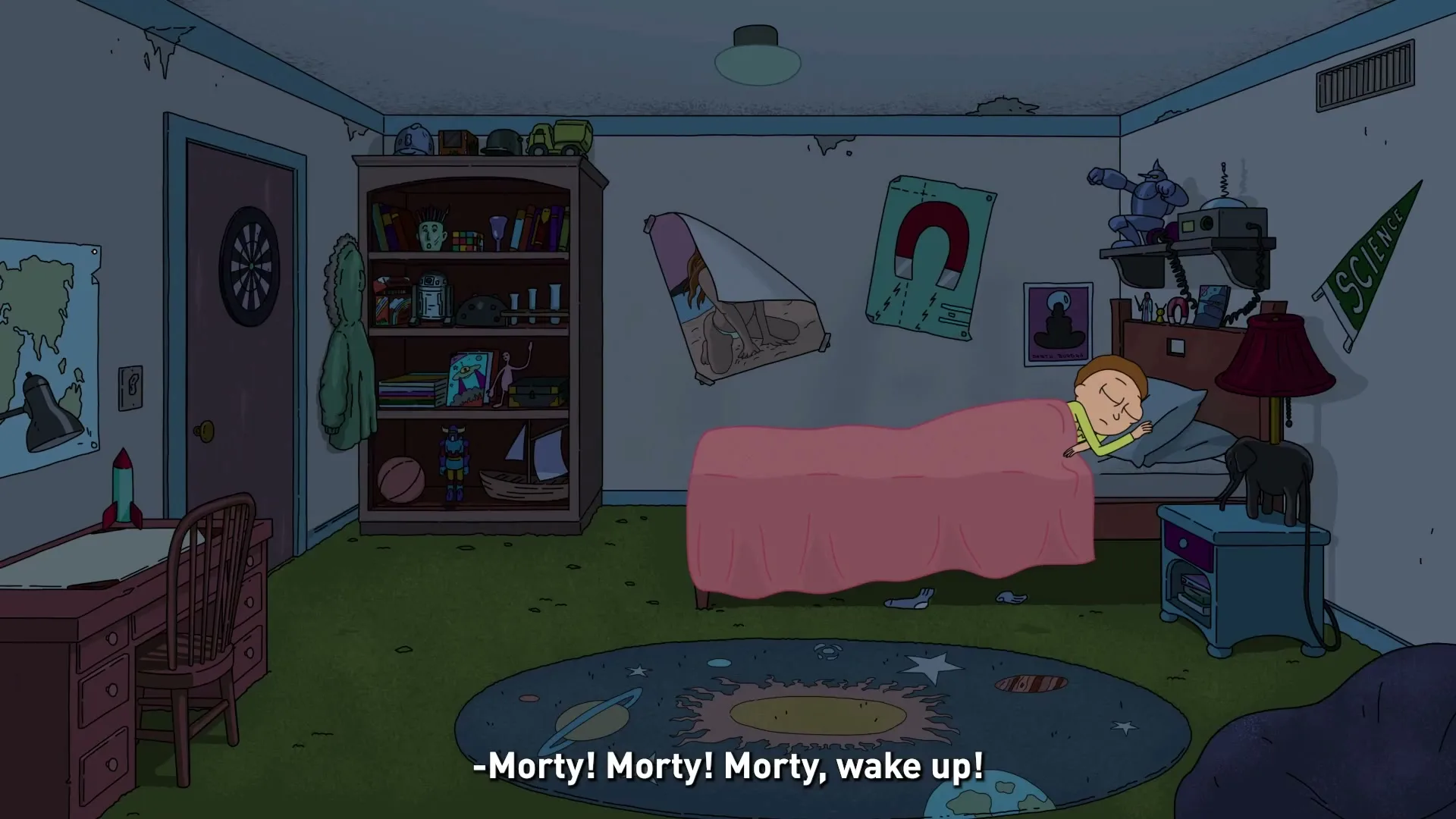 Morty, a young boy with brown hair, sleeps soundly in his bed in a messy bedroom at night, while a voice calls out to him.