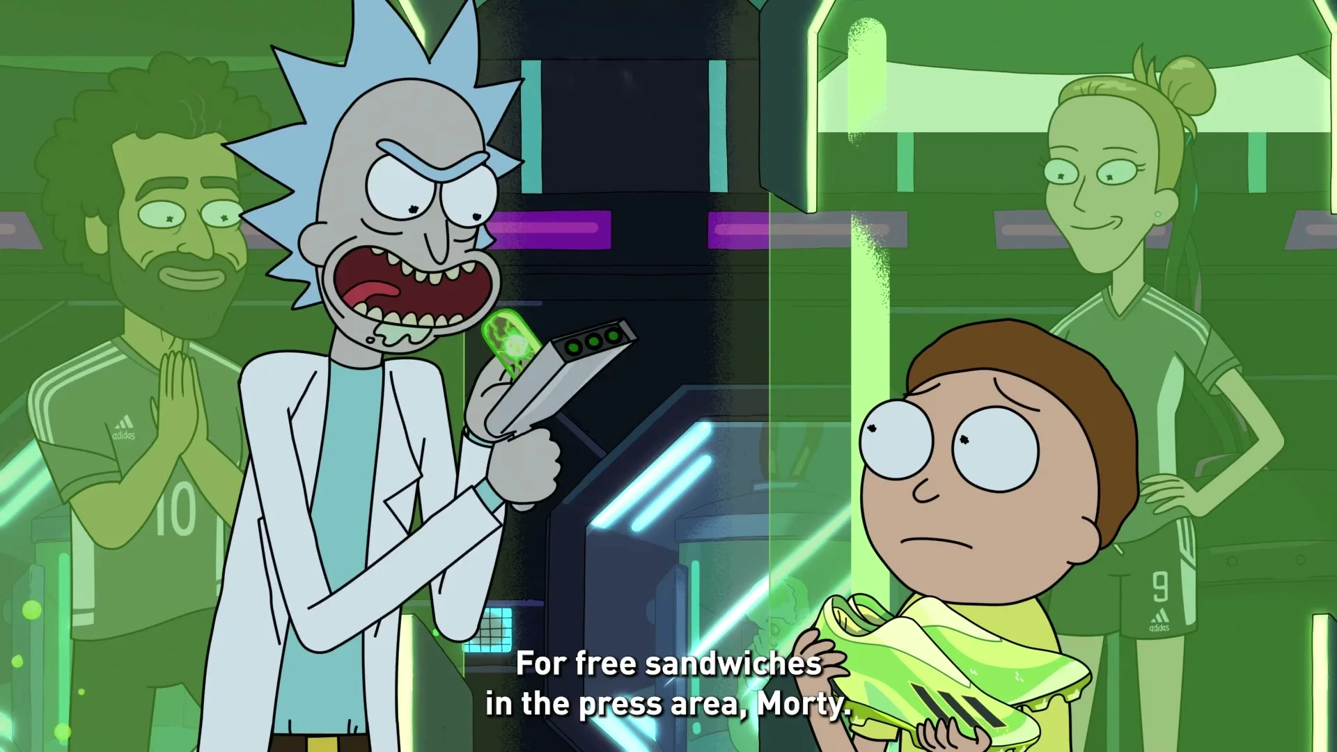 Rick and Morty are in a futuristic green-lit room, with Rick holding a device and Morty holding a neon green soccer cleat, while two soccer players stand behind them.