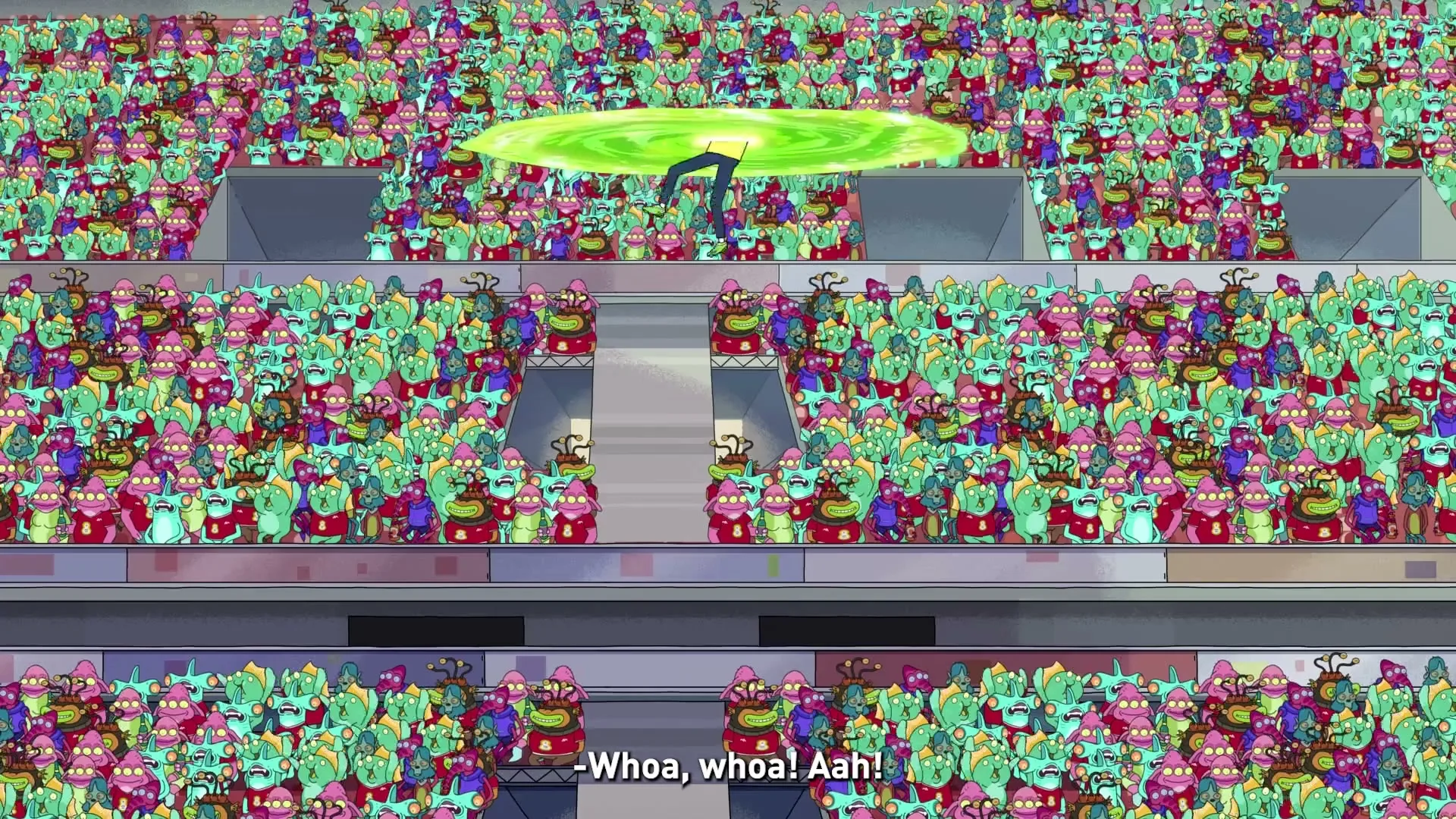 A wide shot shows a stadium full of alien creatures watching a soccer game, as a portal opens and a player drops onto the field.