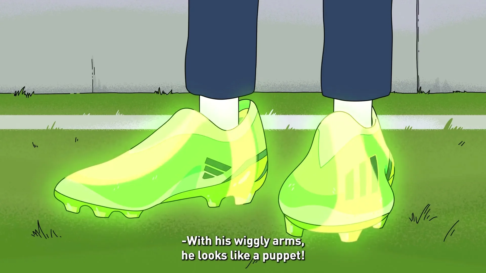 A pair of bright green soccer cleats with black stripes are shown on a soccer field, glowing with a green aura.