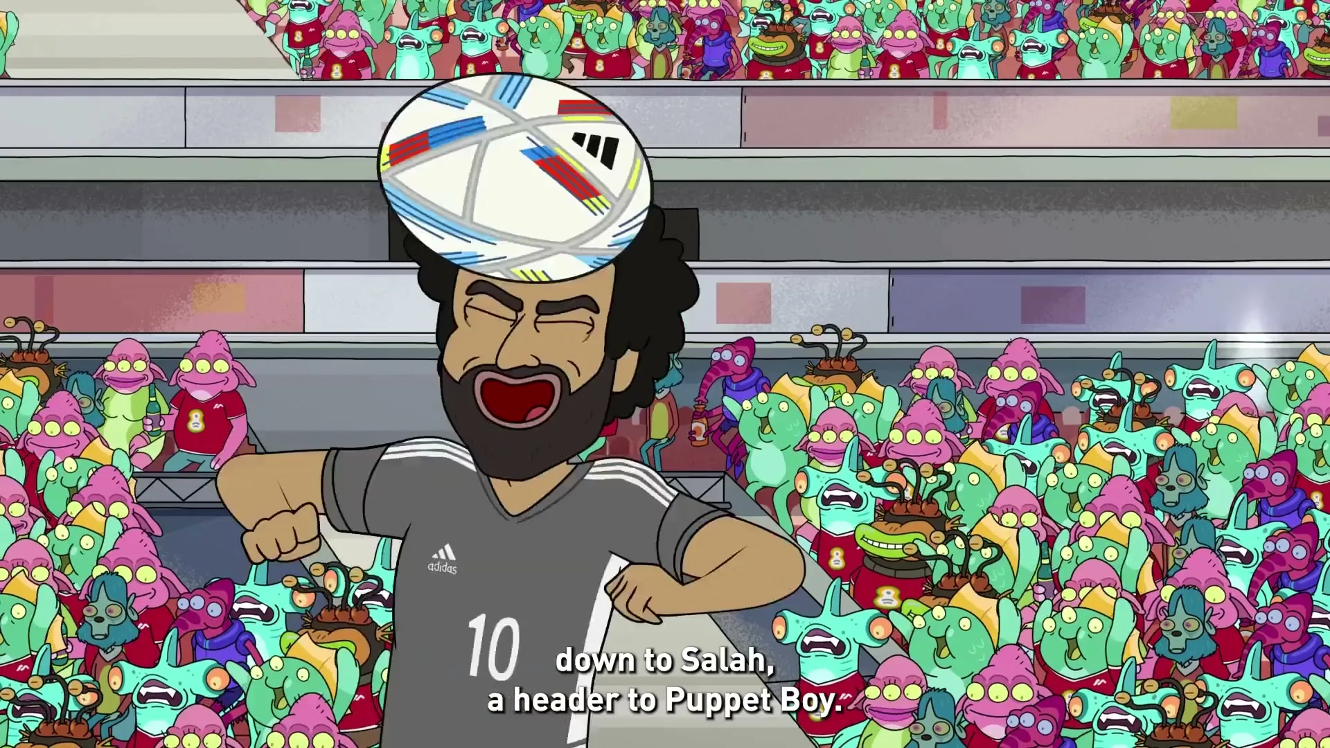 An animated male soccer player with a beard and dark hair heads a soccer ball in a stadium full of alien spectators.