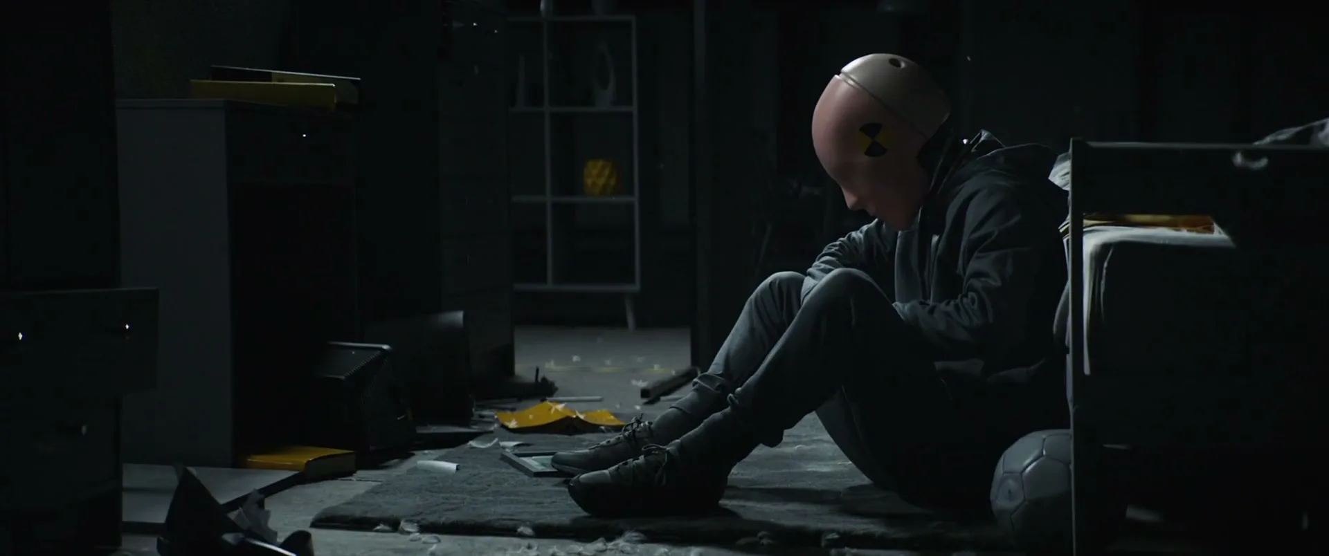 A crash test dummy, dressed in a hoodie and jeans, sits dejectedly on the floor of a dark, messy room, surrounded by scattered debris.