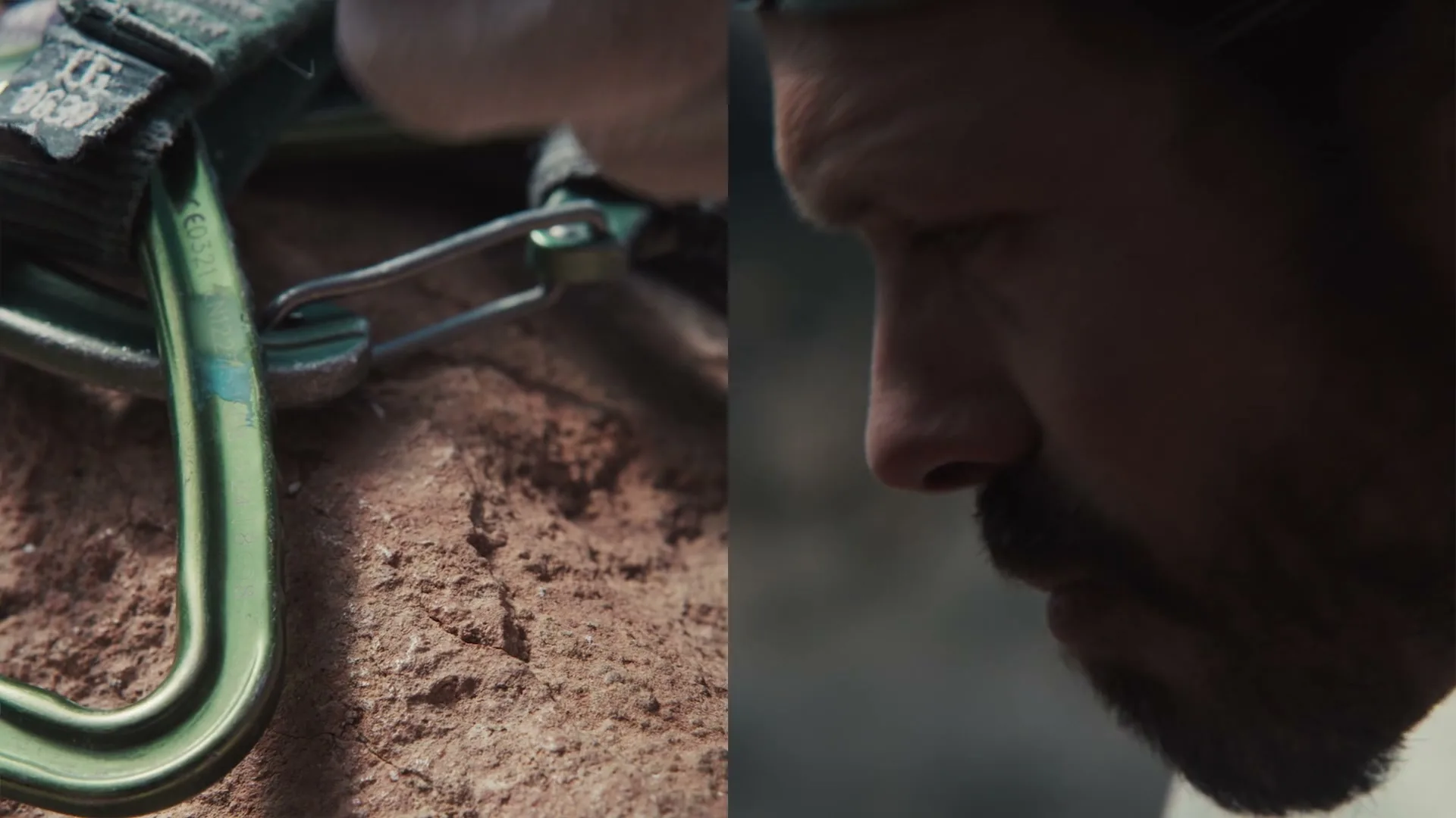 A split screen shows a man's hands attaching climbing gear to a rock, and a man's face looking up at the sky.