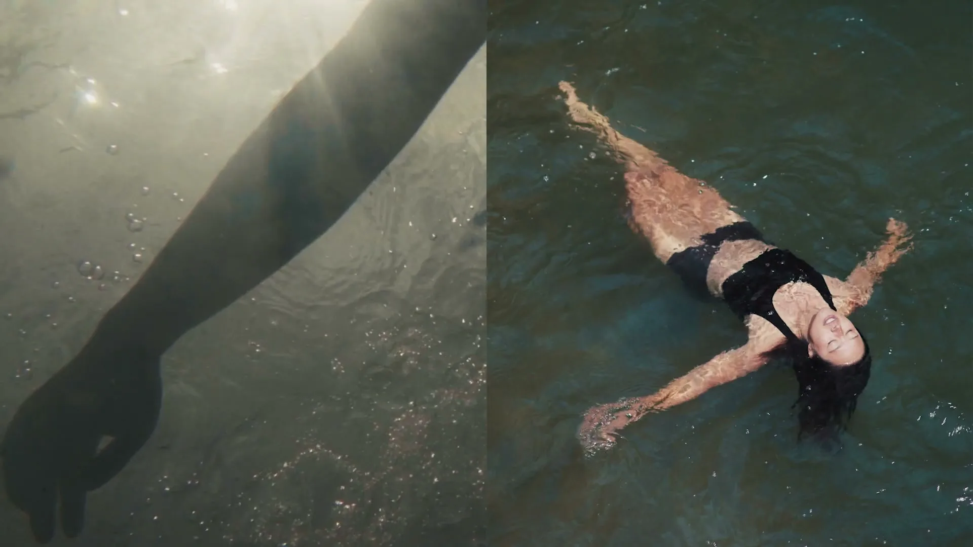 A split screen shows a person's arm underwater on the left, and a woman floating on her back in dark water on the right.