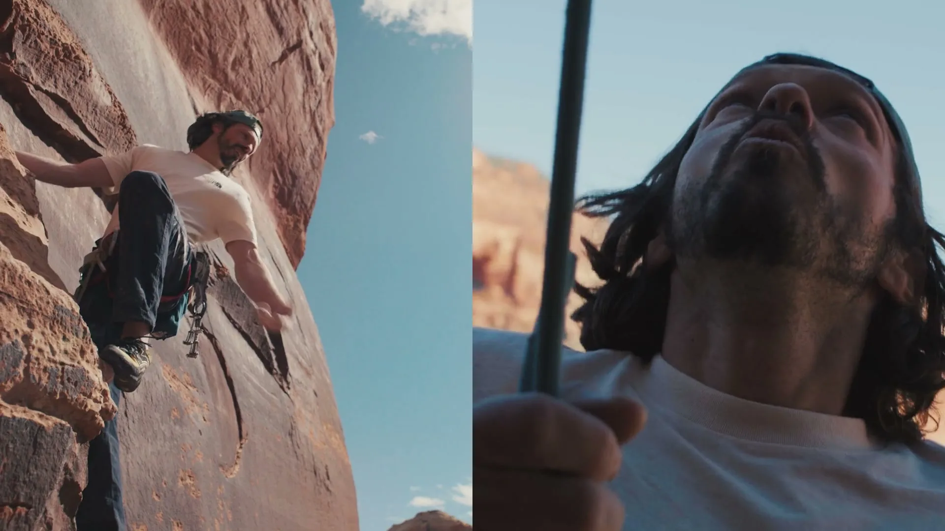 A split screen shows a male rock climber on a cliff face and another male looking up, holding a rope, both outdoors during the day.