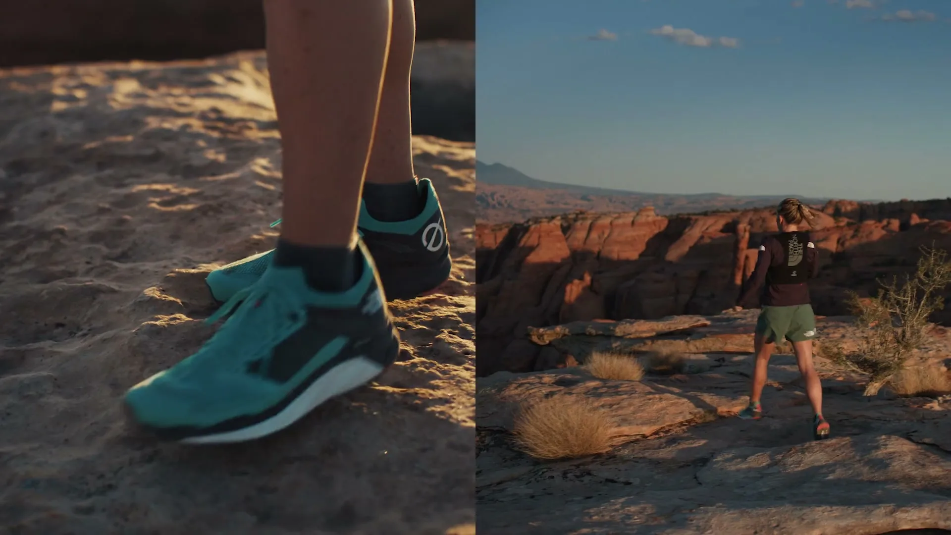 A female trail runner in a dark top and green shorts runs across a rocky desert landscape at sunset, with canyons in the background.