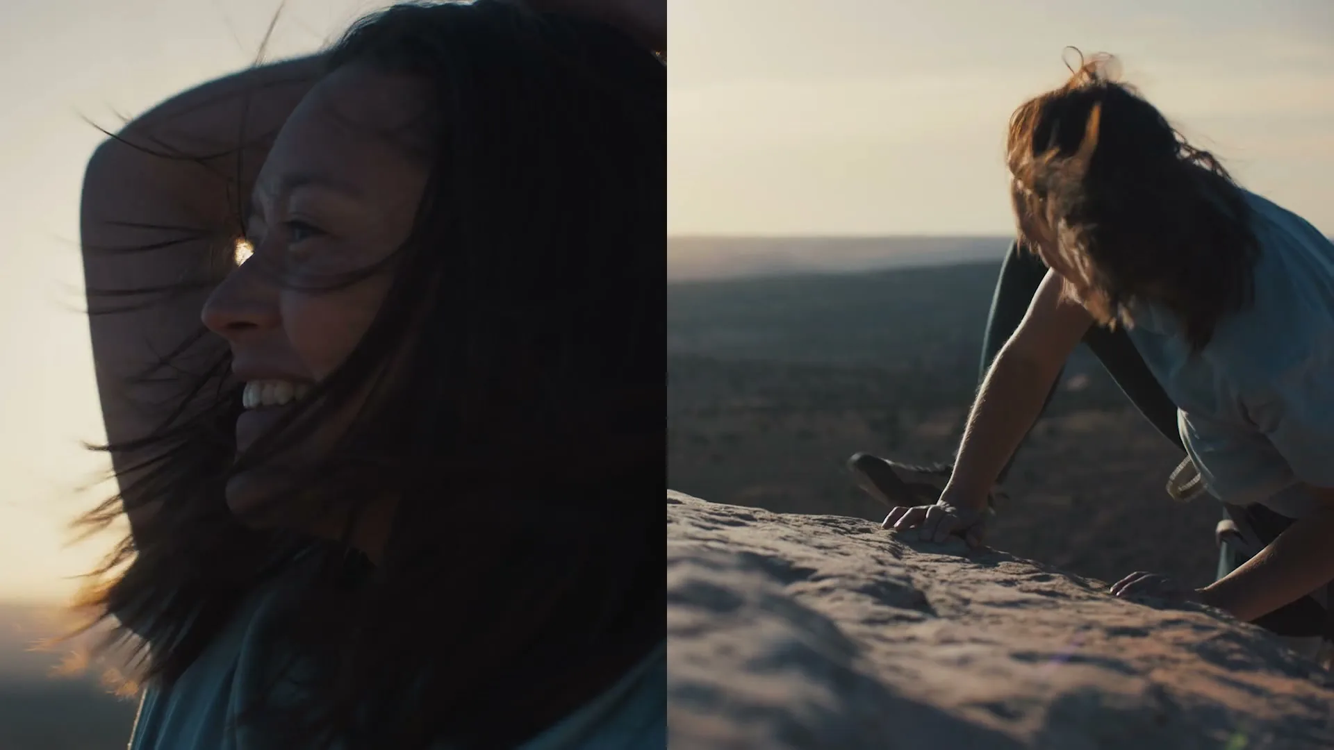 A young woman with dark hair smiles joyfully as she climbs a rocky cliff face at sunset, with the sun flaring behind her.