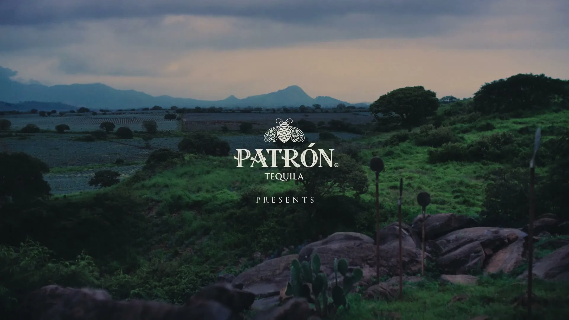 A wide shot of a vast agave field with mountains in the background under a cloudy sky, with the Patrón Tequila logo and "PRESENTS" text overlaid.