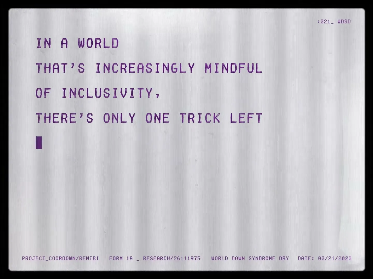 Purple text types out a message on a white screen with a retro computer interface, then the screen distorts into a blurry vortex.