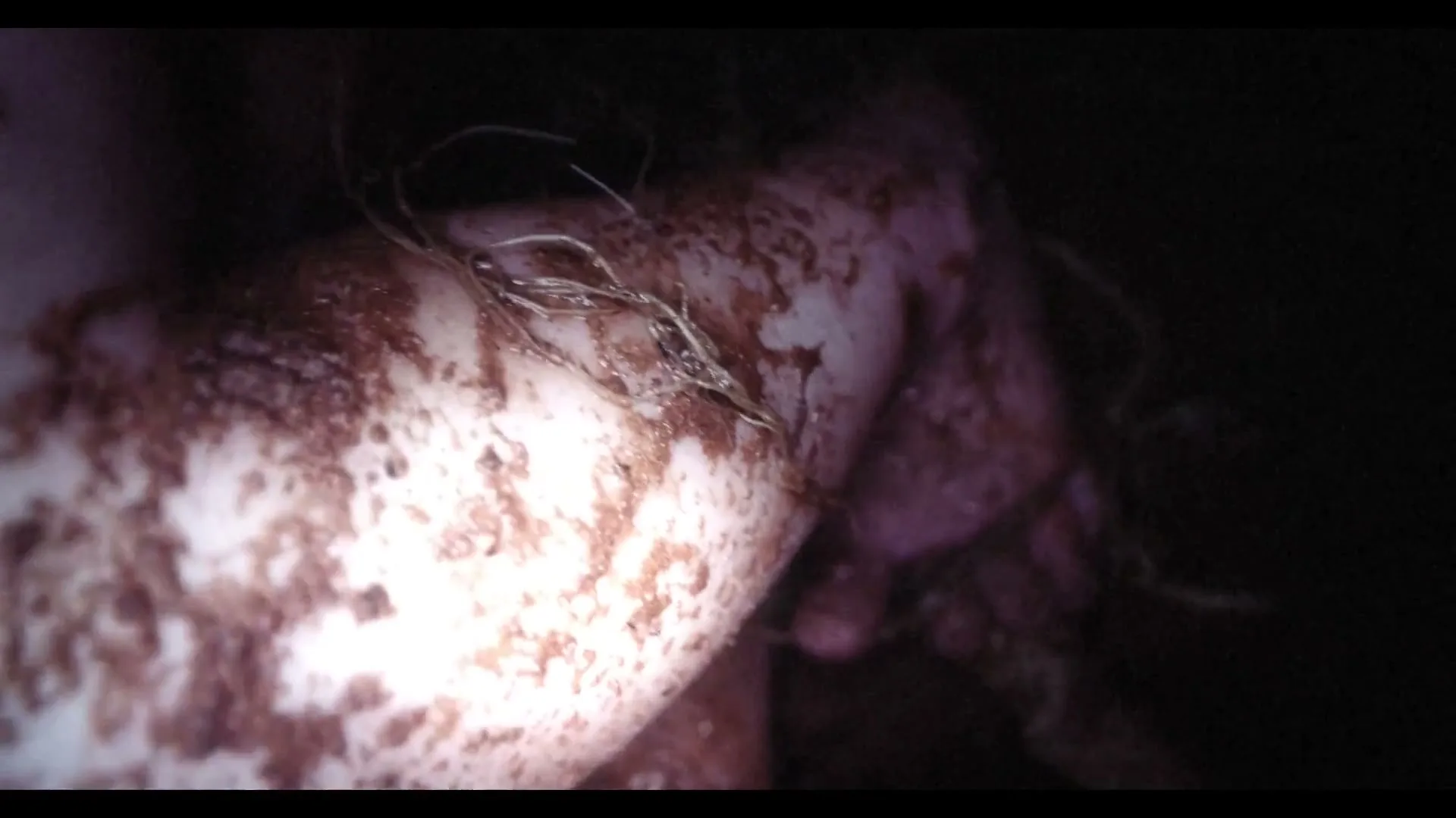 A person's arm and hand, covered in mud and small roots, is illuminated by a flashlight in a dark, underground setting.