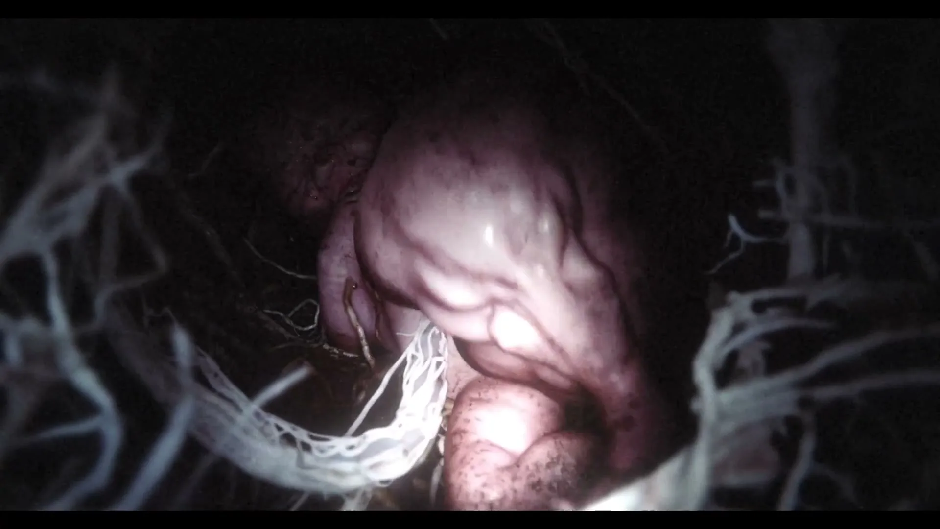 A newborn baby, covered in dirt and umbilical cord, lies in a dark, root-filled hole, illuminated by a bright light.
