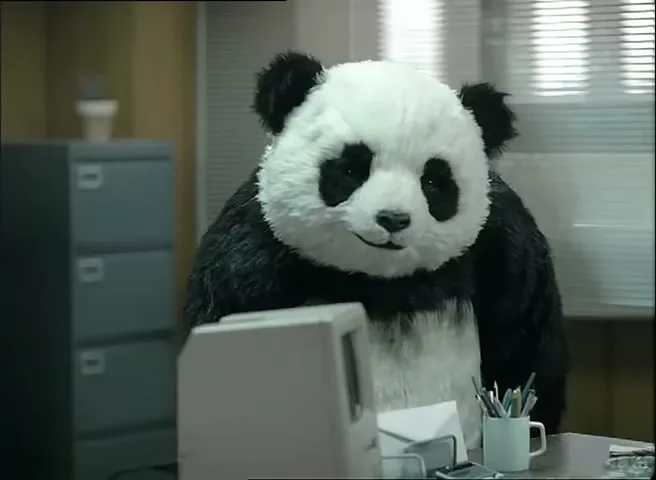 A person in a panda suit stands behind an office desk, looking directly at the camera with a slight smile in an office setting.