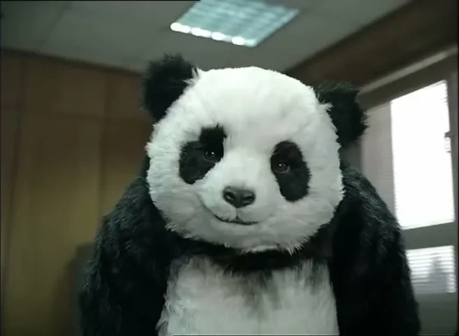 A person in a panda costume looks directly at the camera with a slight smile in an office setting.
