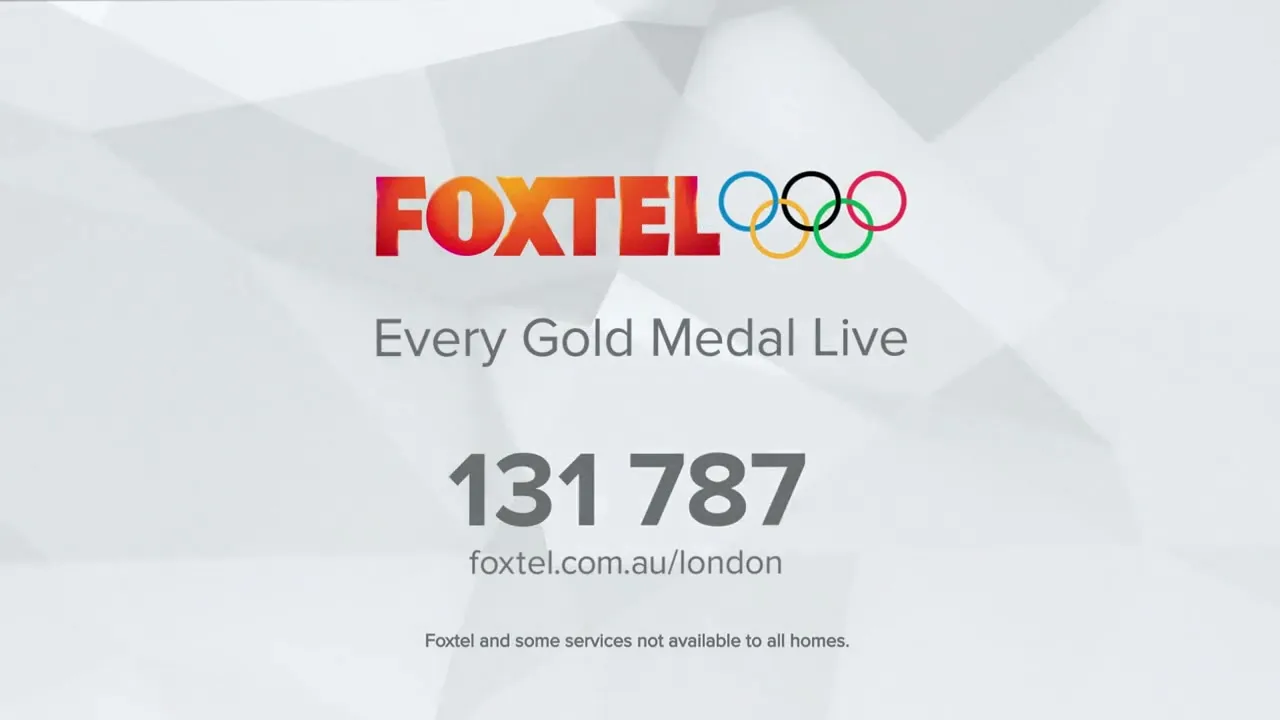The Foxtel logo with the Olympic rings appears on a white background with text, promoting live gold medal coverage.