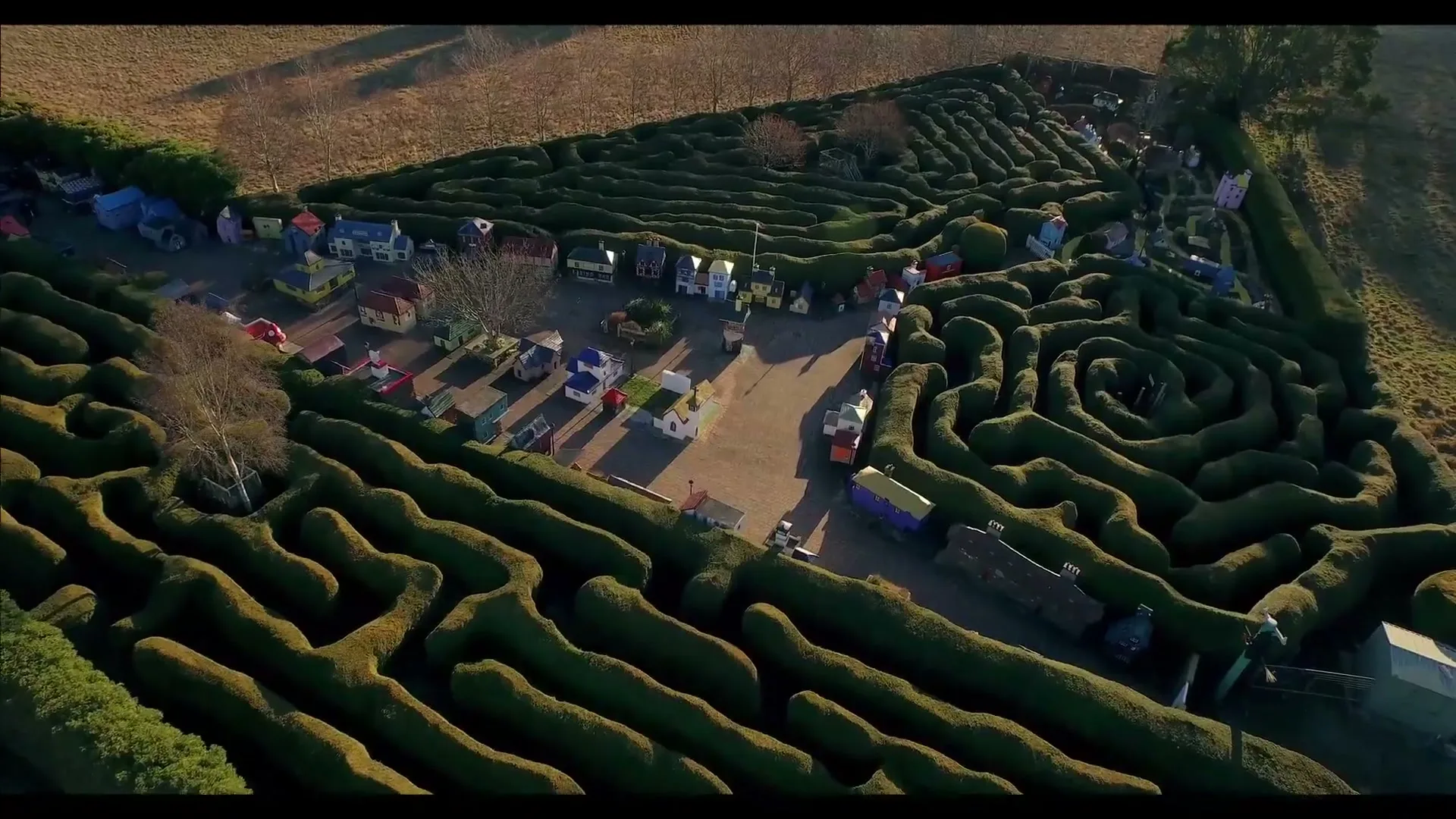 An aerial shot captures a vast, intricate hedge maze with miniature houses and vehicles scattered throughout, under a clear sky.