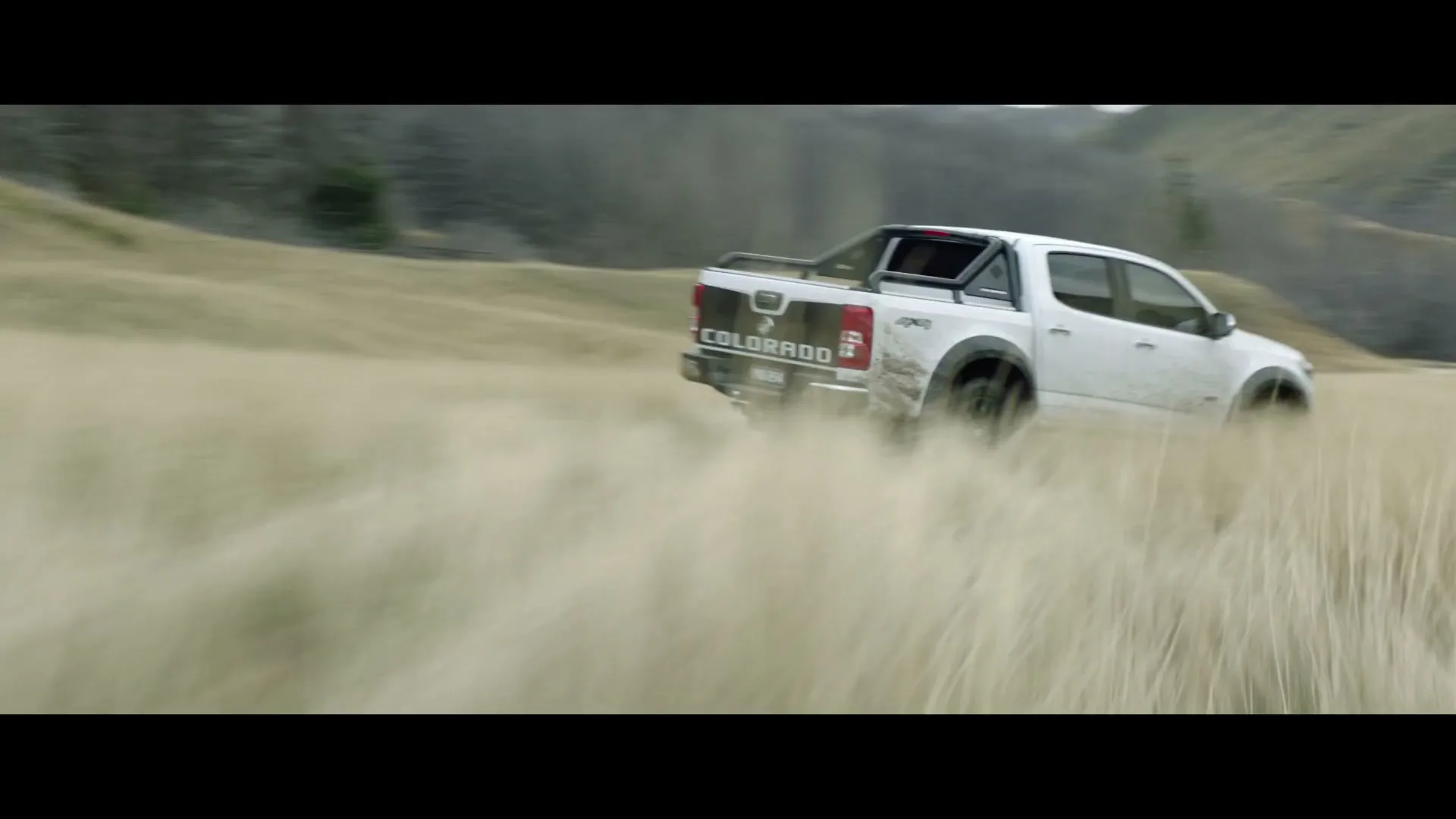 A white Holden Colorado pickup truck drives through a field of tall, dry grass, kicking up dust as it moves away from the camera.