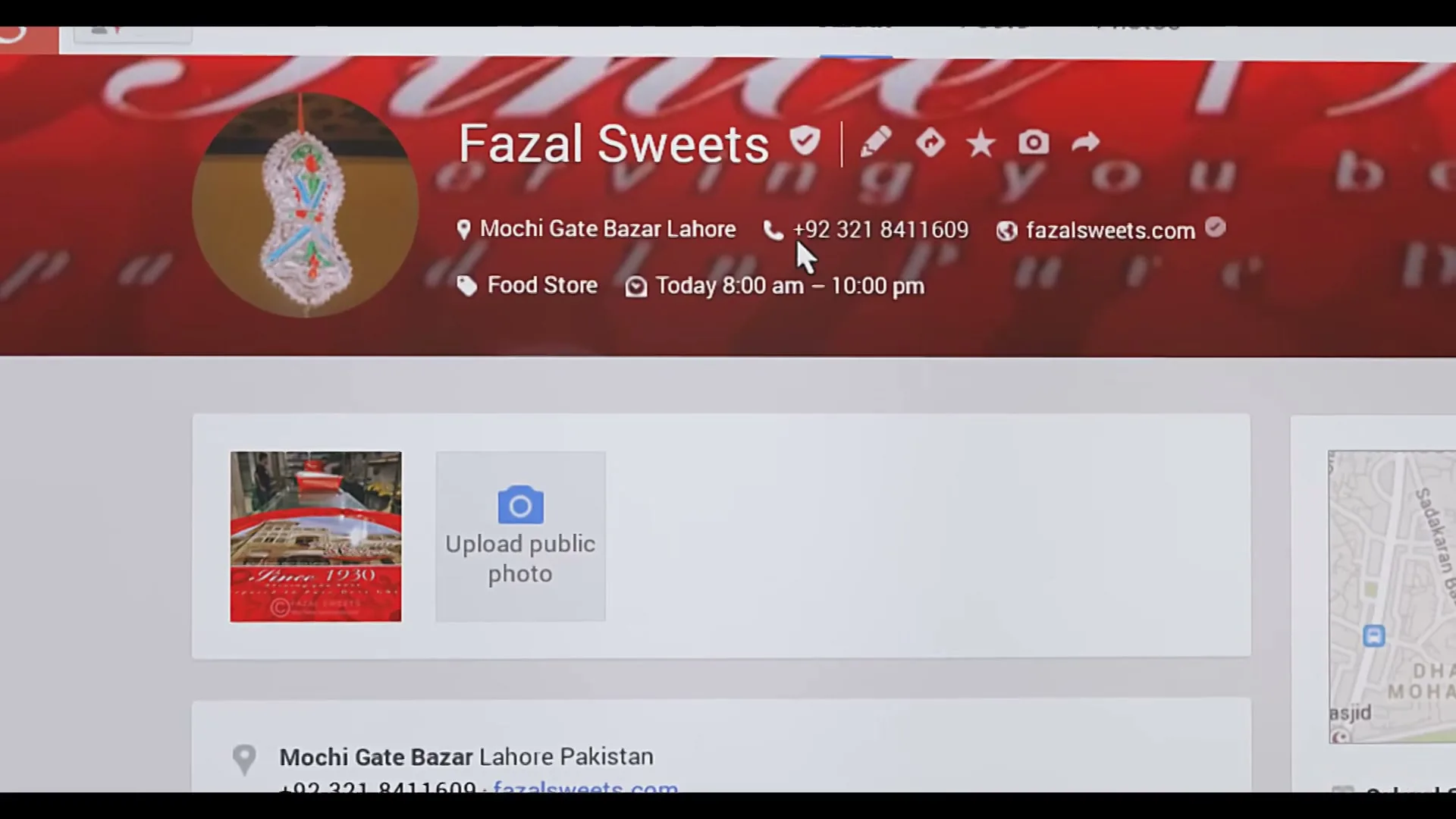 A close-up shot of a computer screen shows a Google+ page for "Fazal Sweets" with contact information and an option to upload a public photo.