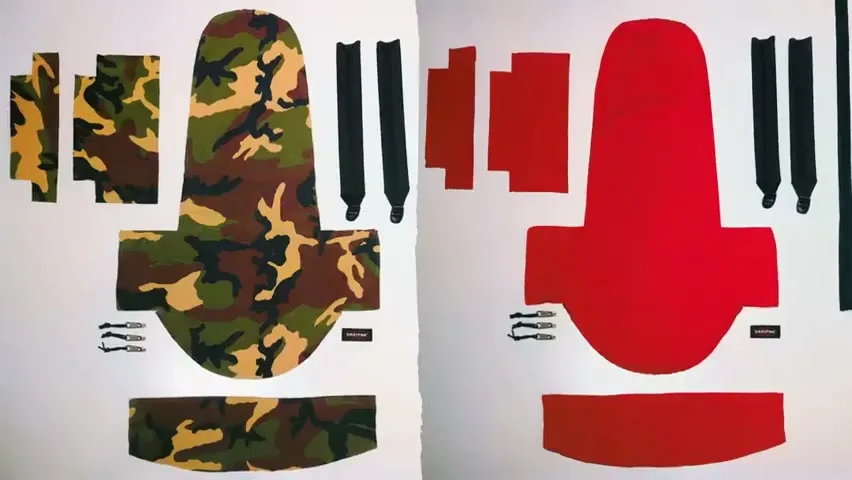 Two black straps with the Eastpak logo move across a white surface displaying backpack patterns in camouflage and red.
