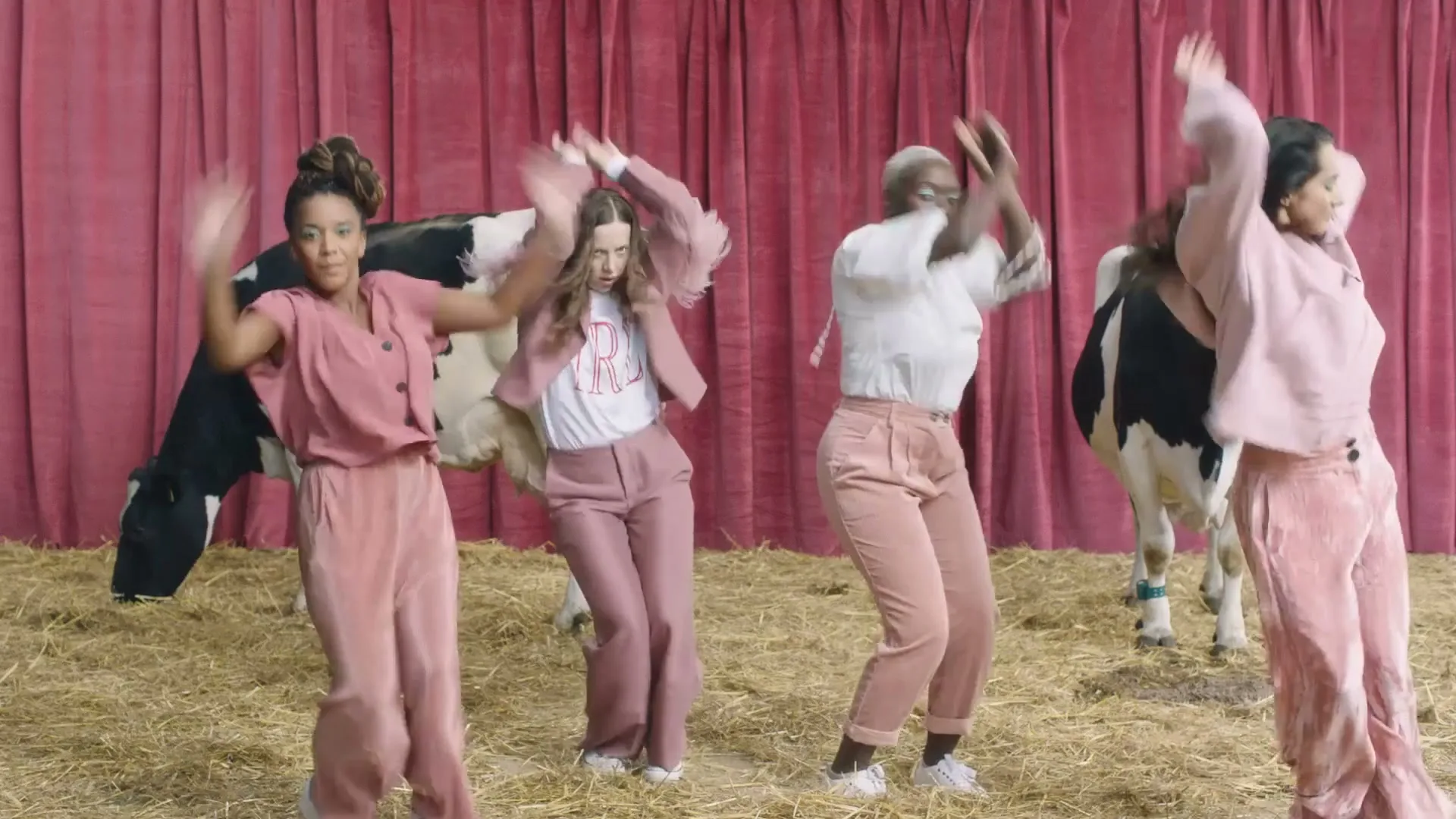 Four women in pink outfits dance energetically on hay in front of a red curtain, with two cows visible behind them.