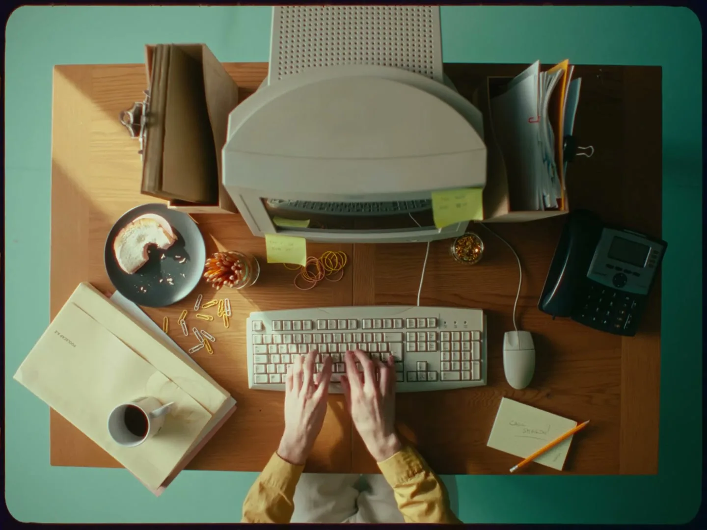 A person's hands type on a vintage computer keyboard on a cluttered wooden desk, then give a thumbs up.
