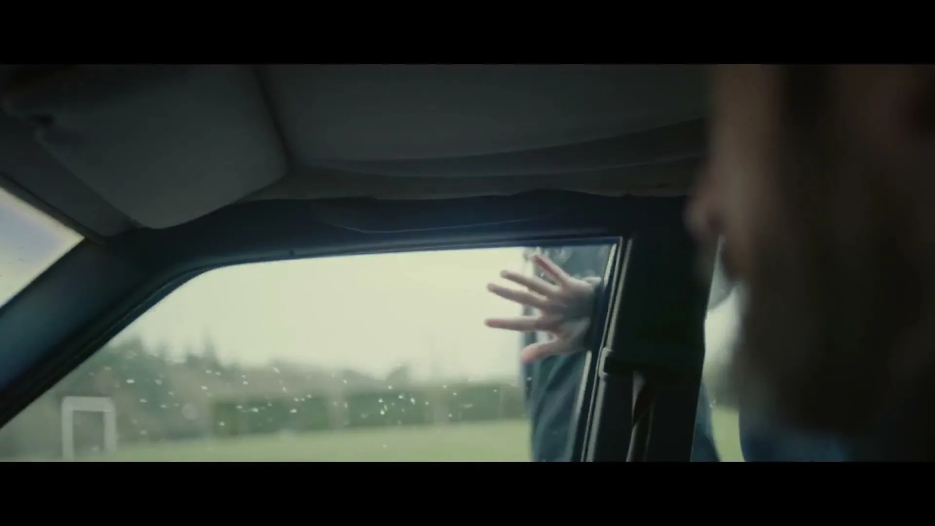 A person's hand reaches out from inside a car window, touching the hand of another person standing outside on a grassy field.