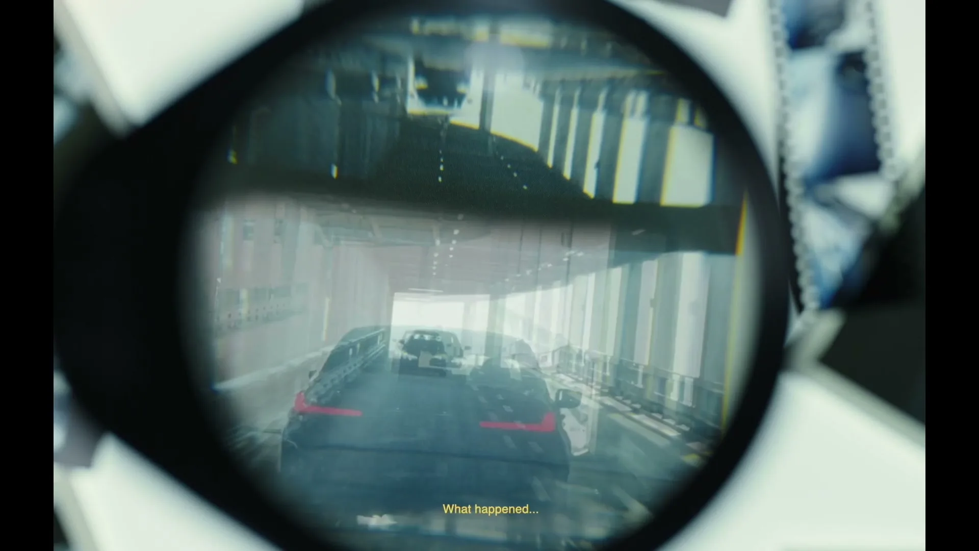 A black car drives away through a tunnel, viewed through a magnifying glass on a desk with photos.