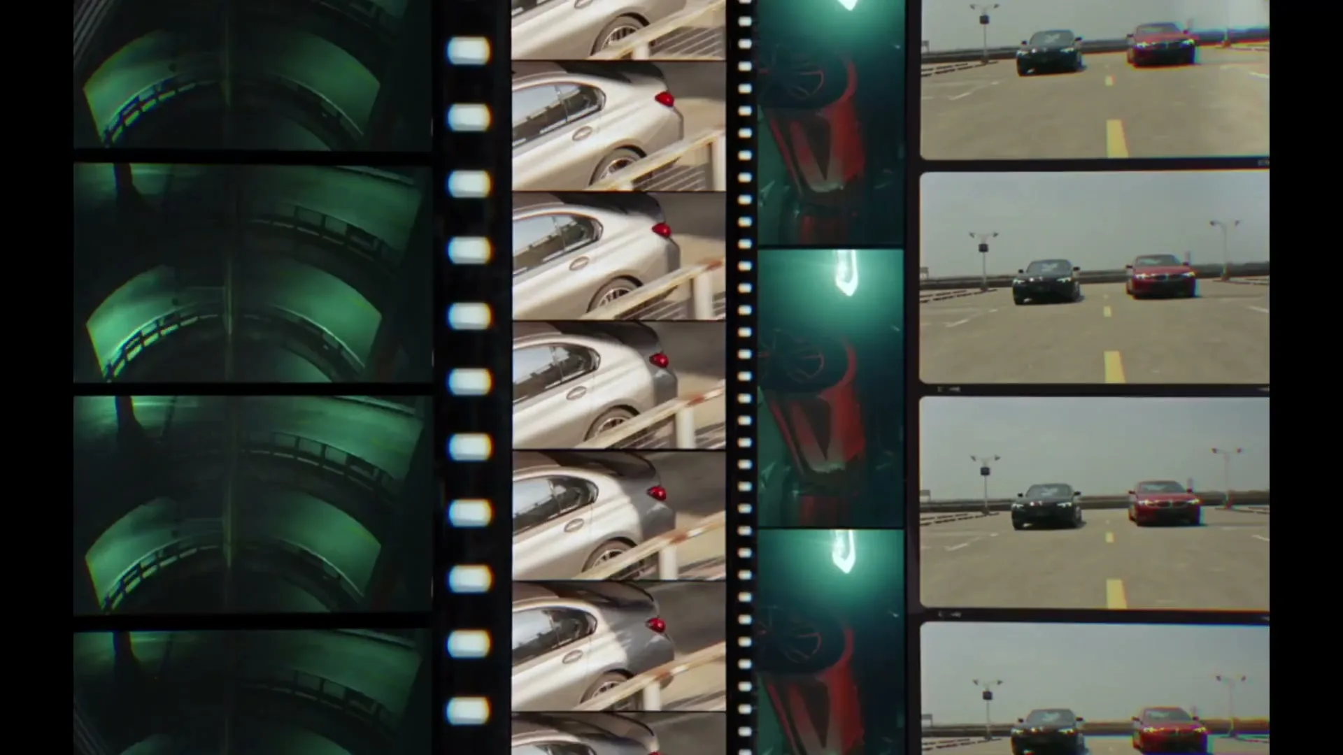 A film strip with various shots of BMW cars, including a silver sedan and a red sedan, is shown against a bright, circular background.