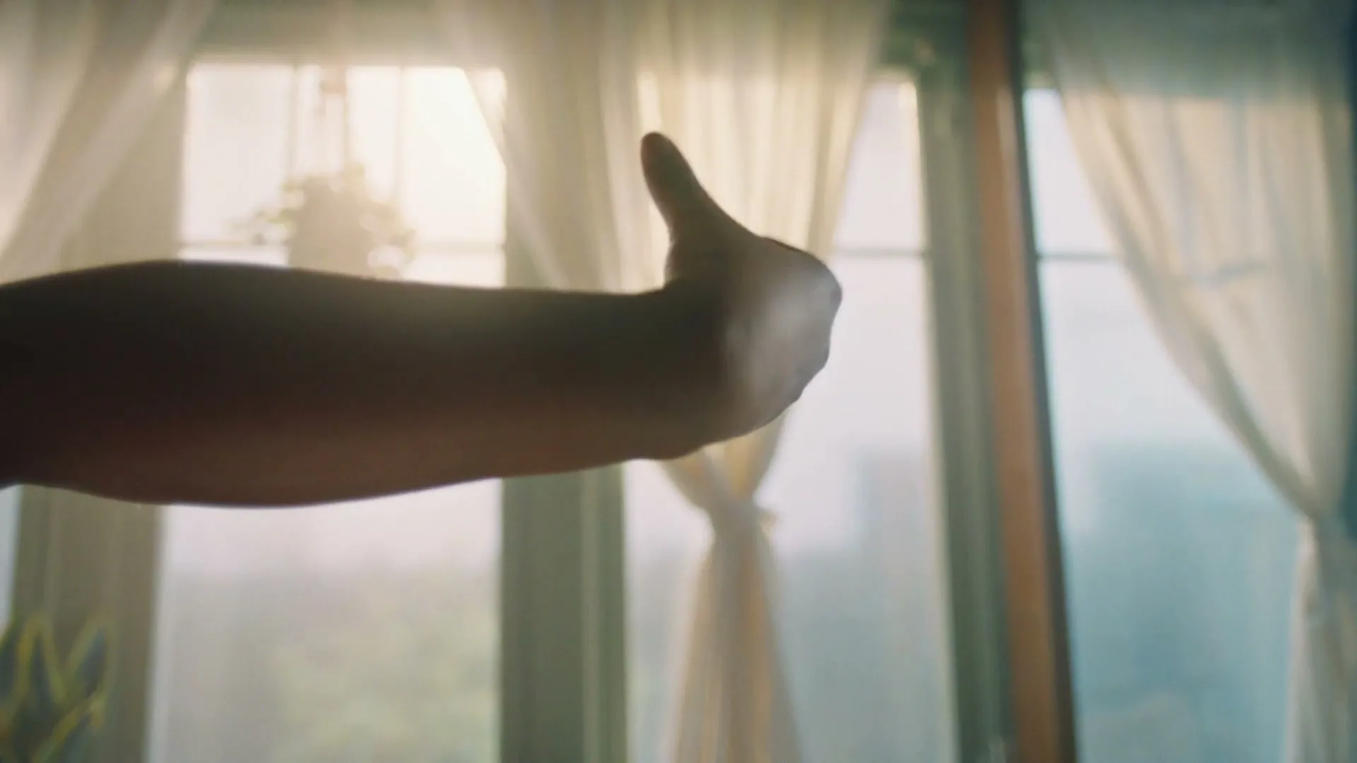 A person's arm and hand are silhouetted against a bright window, making various hand gestures in a home.
