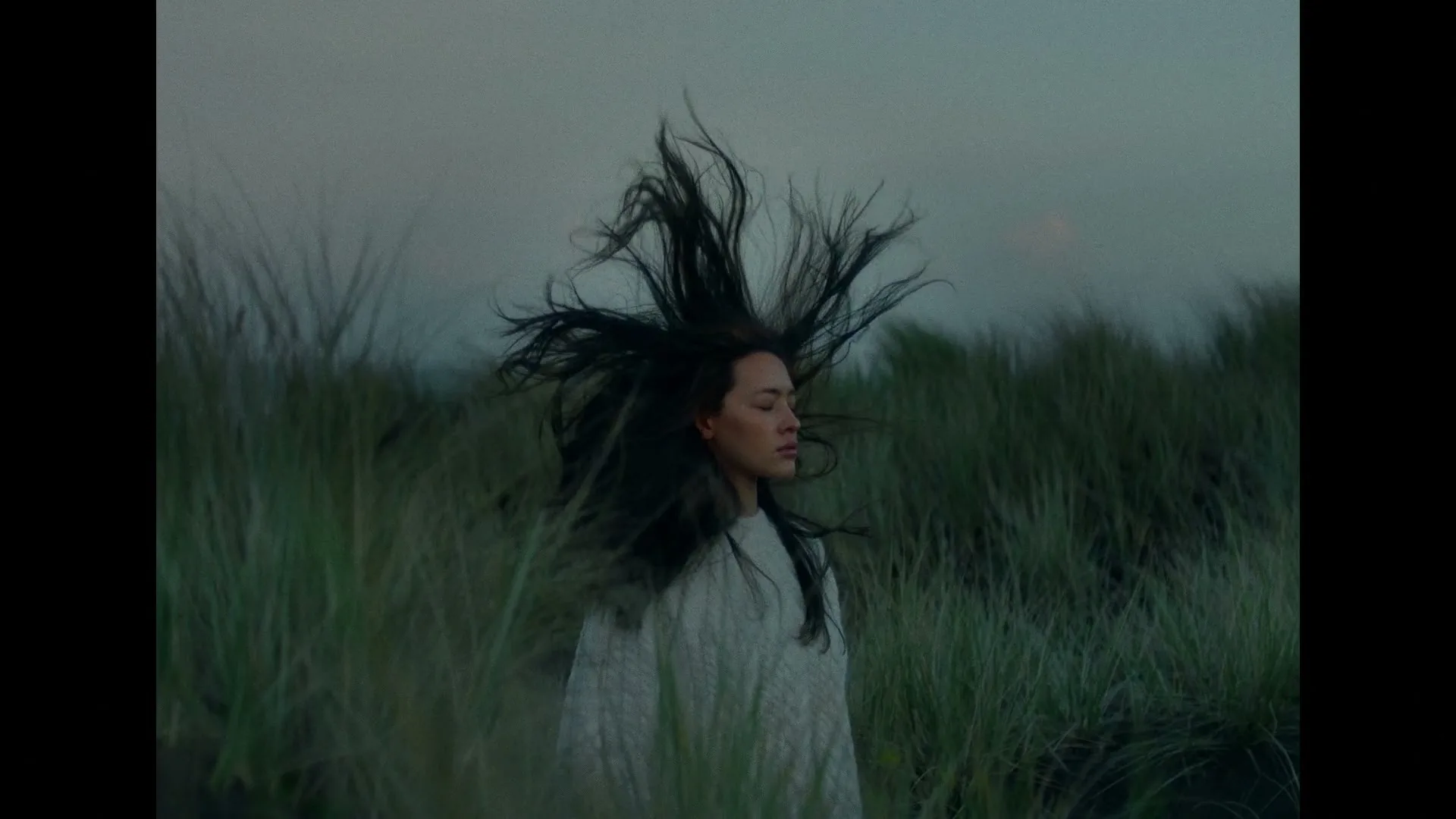 A woman with long dark hair, wearing a white sweater, stands in a field of tall green grass as her hair blows wildly in the wind at dusk.