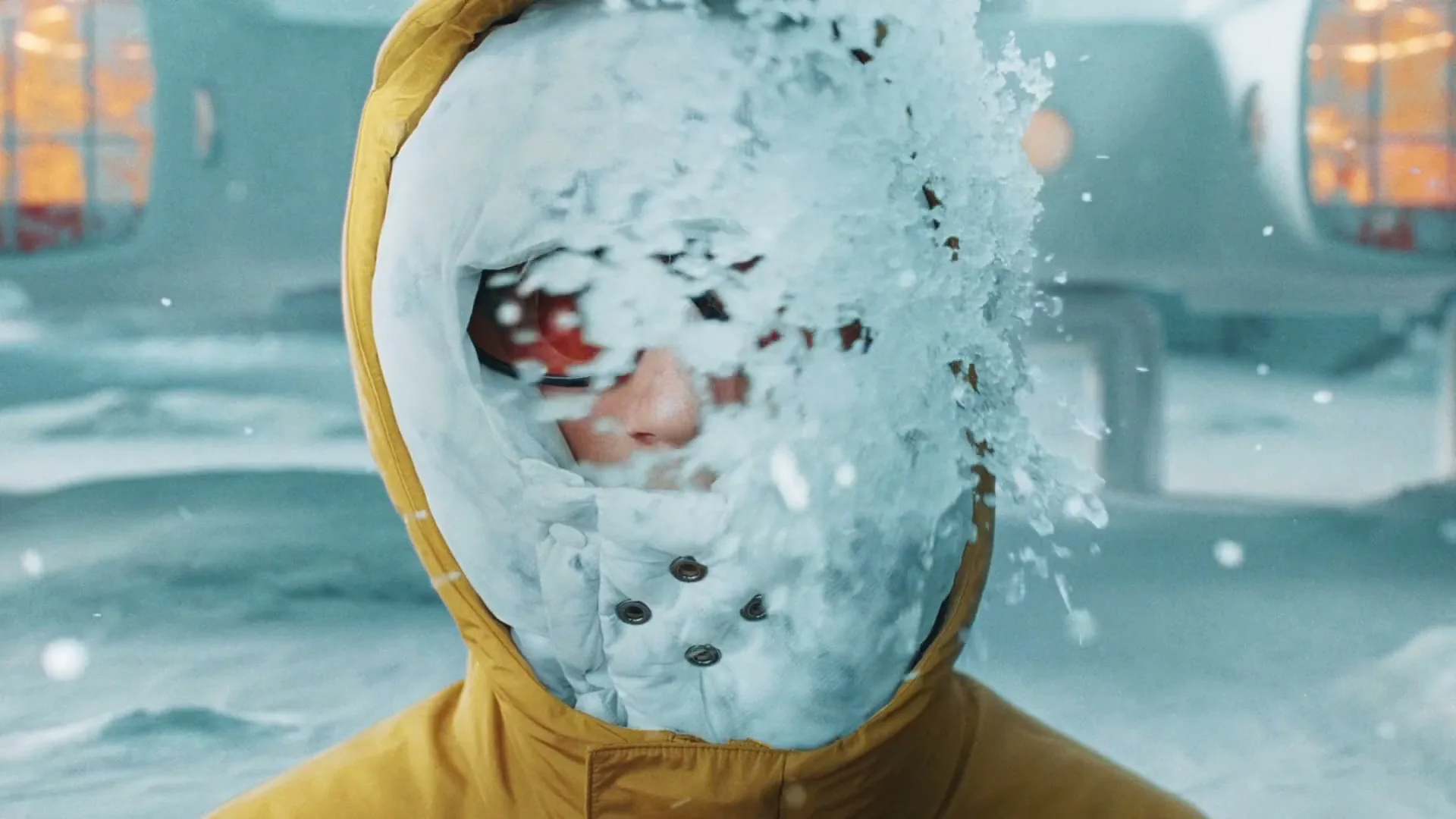 A person in a yellow winter coat and orange goggles gets hit in the face with a splash of ice and snow in a futuristic, snowy landscape.