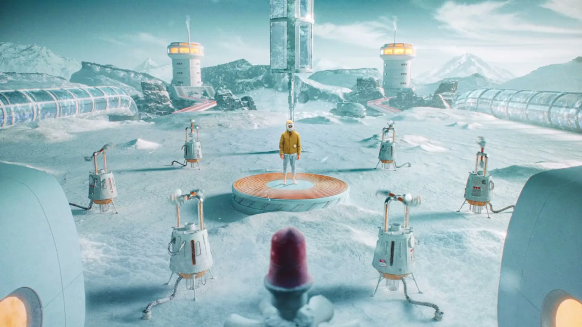 A person in a yellow jacket stands on a circular platform in a snowy, futuristic landscape surrounded by small machines and distant structures.