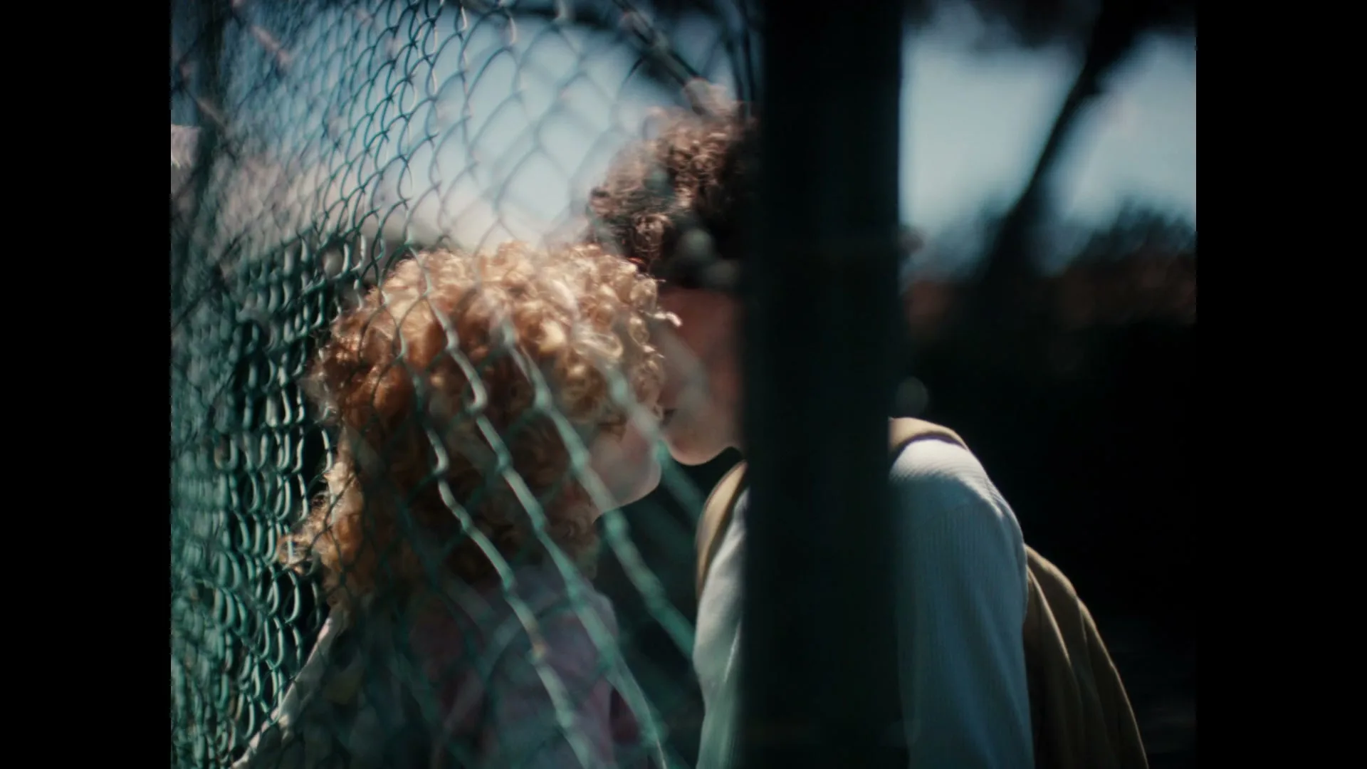 Two young people with curly hair, a female and a male, kiss through a chain-link fence on a sunny day outdoors.