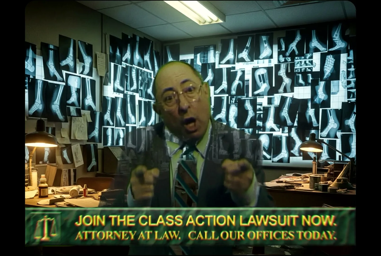 A male lawyer in glasses and a suit gestures emphatically at the camera in an office filled with foot x-rays, with a legal disclaimer on screen.