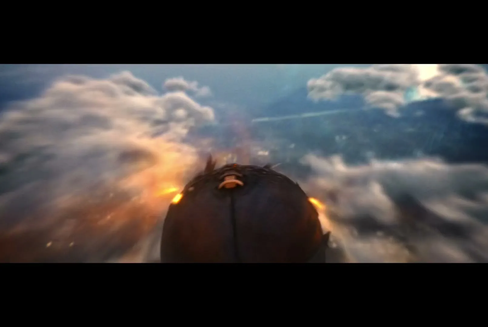 A football, engulfed in flames and sparks, hurtles through the sky above clouds, descending towards a distant city.