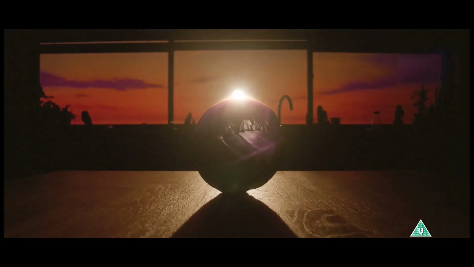 A purple cabbage sits on a wooden table, silhouetted against a window with a vibrant orange sunset in the background.