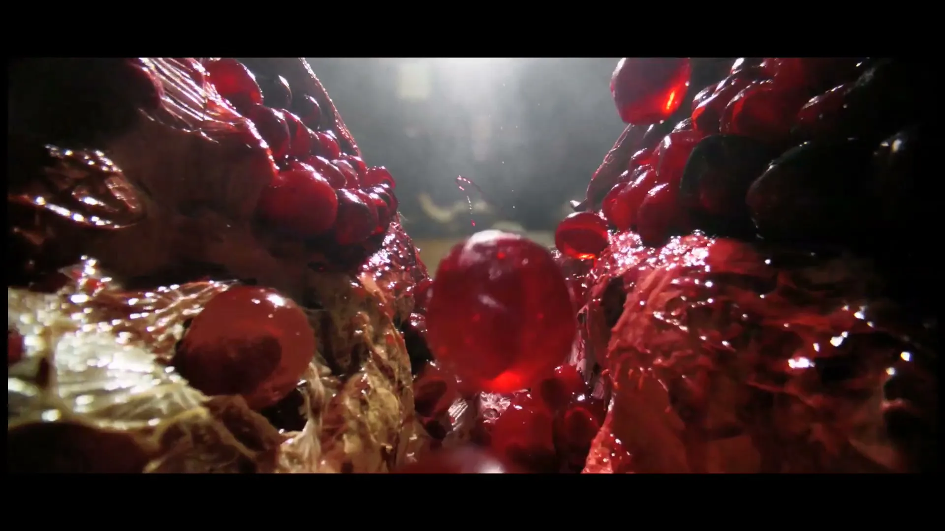A close-up shot shows a pomegranate being split open, revealing its juicy red arils, with some arils splashing out.