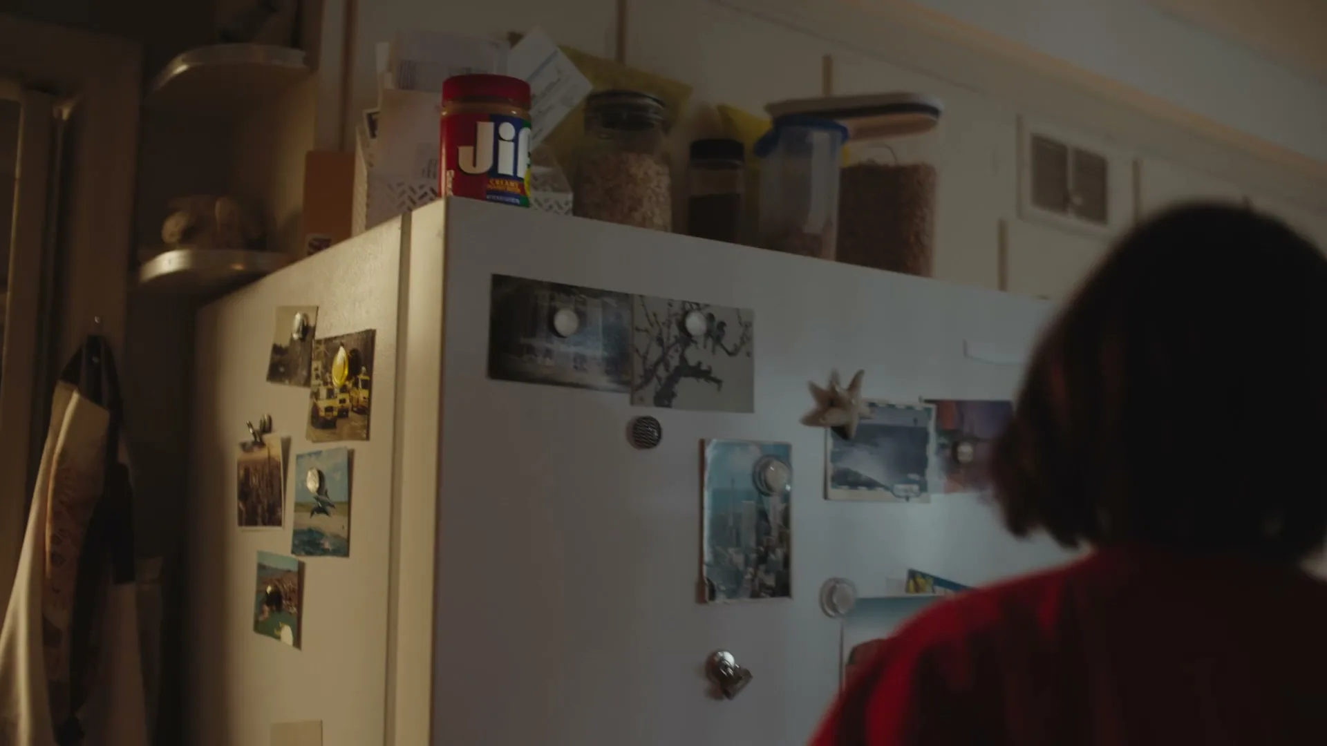 A young person in a red jersey opens a refrigerator, looking for something inside, in a dimly lit kitchen at night.