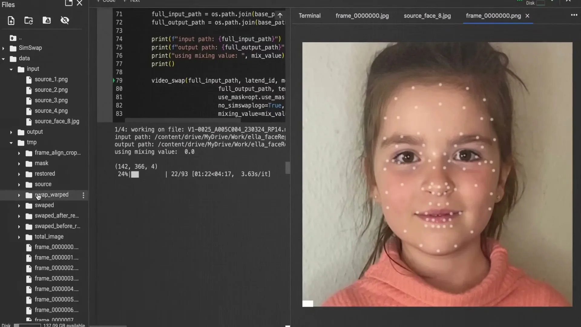 A young girl with brown hair and a pink hoodie looks directly at the camera, with white dots appearing on her face as if being tracked by software.