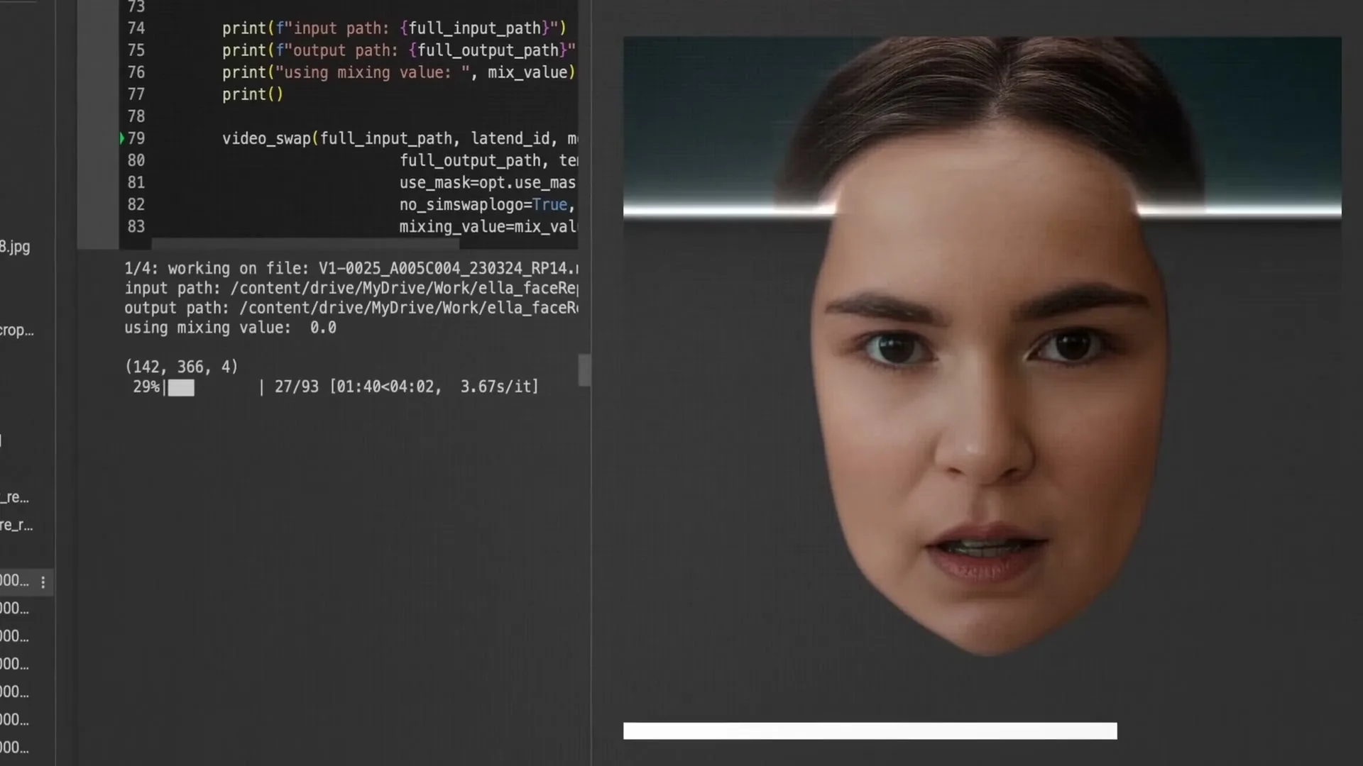A young girl's face is digitally altered to an adult woman's face on a computer screen, with code visible on the left.