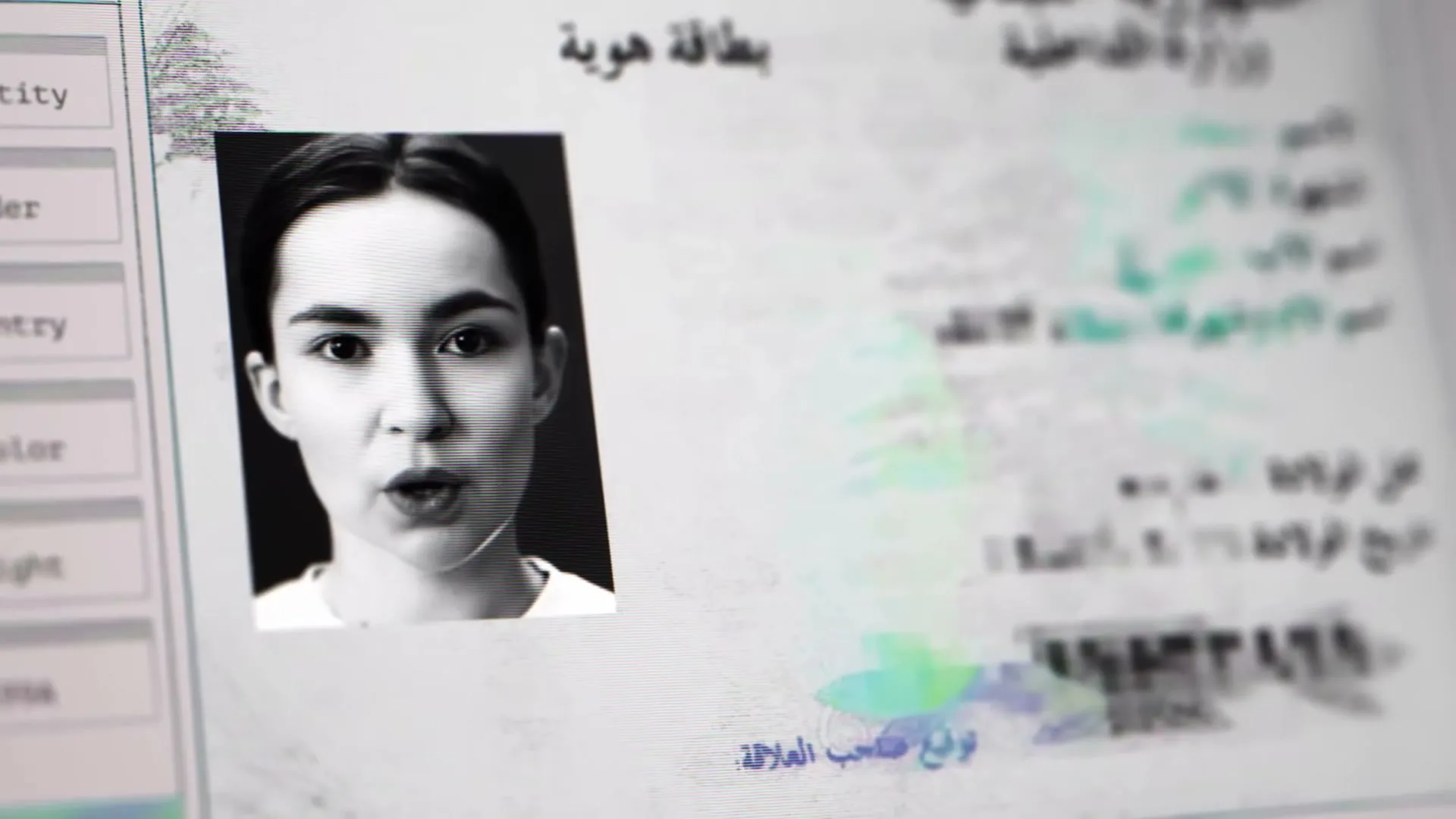 A young woman's black and white photo on a digital ID card, with Arabic text and data fields, experiences digital glitches.